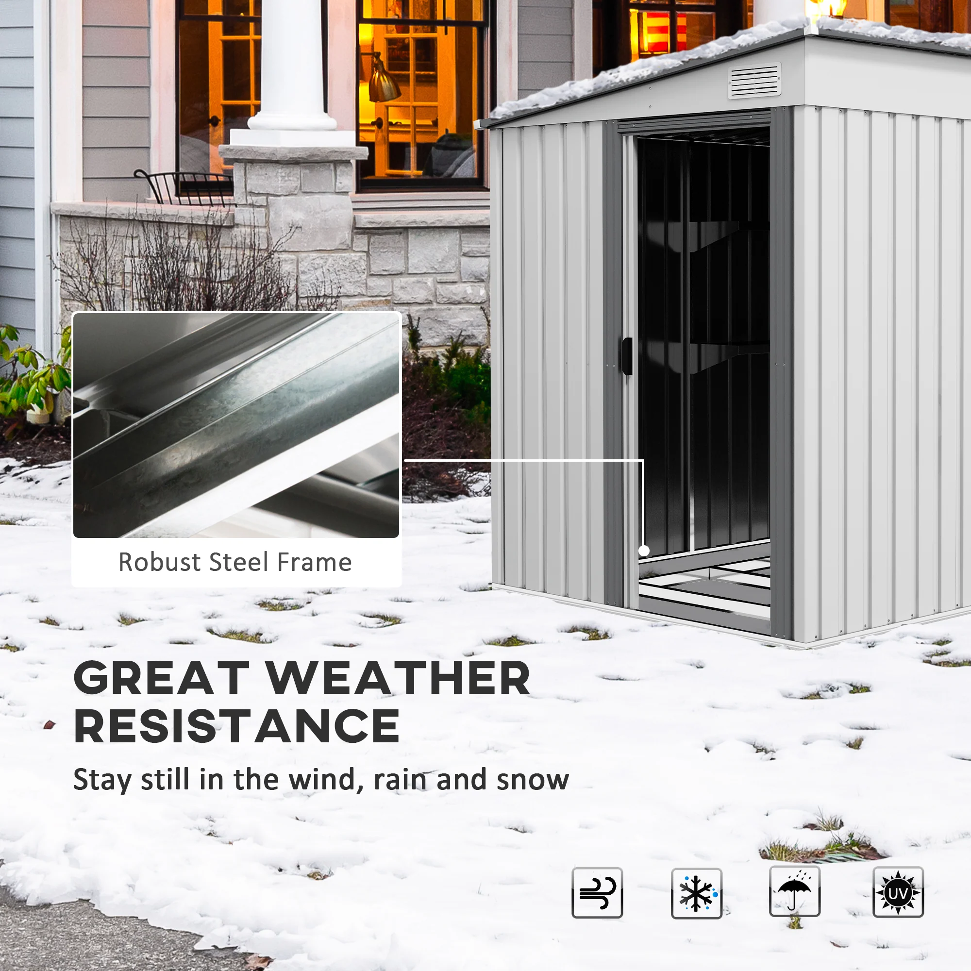 5' x 7' Lean-to Metal Shed with Sliding Door & Shelves, White - Image 8