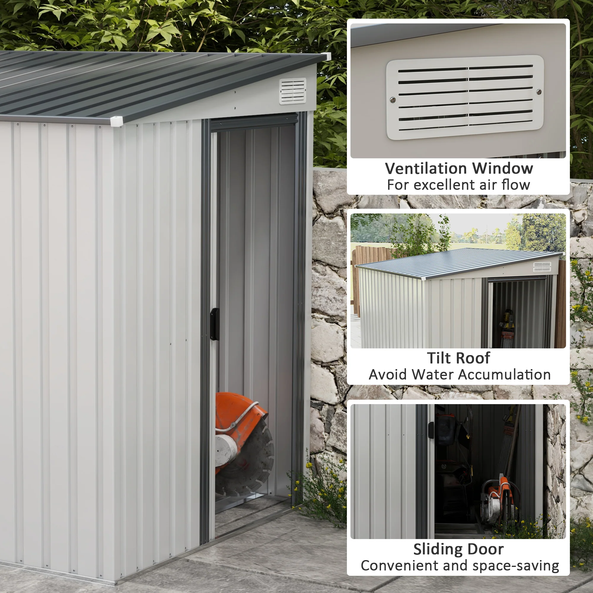 5' x 7' Lean-to Metal Shed with Sliding Door & Shelves, White - Image 9