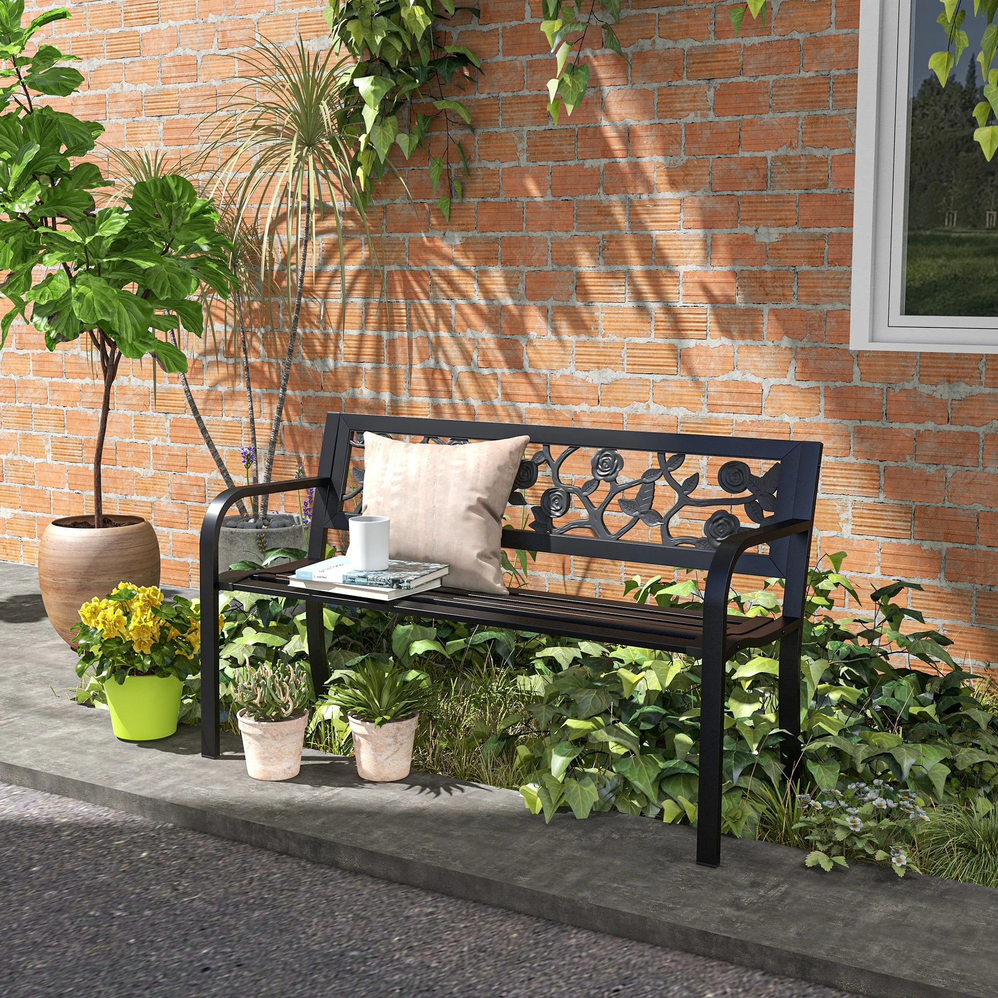 50" Outdoor Metal Frame Patio Loveseat w/ Floral Pattern Backrest & Cured Armrest, Black - Image 9