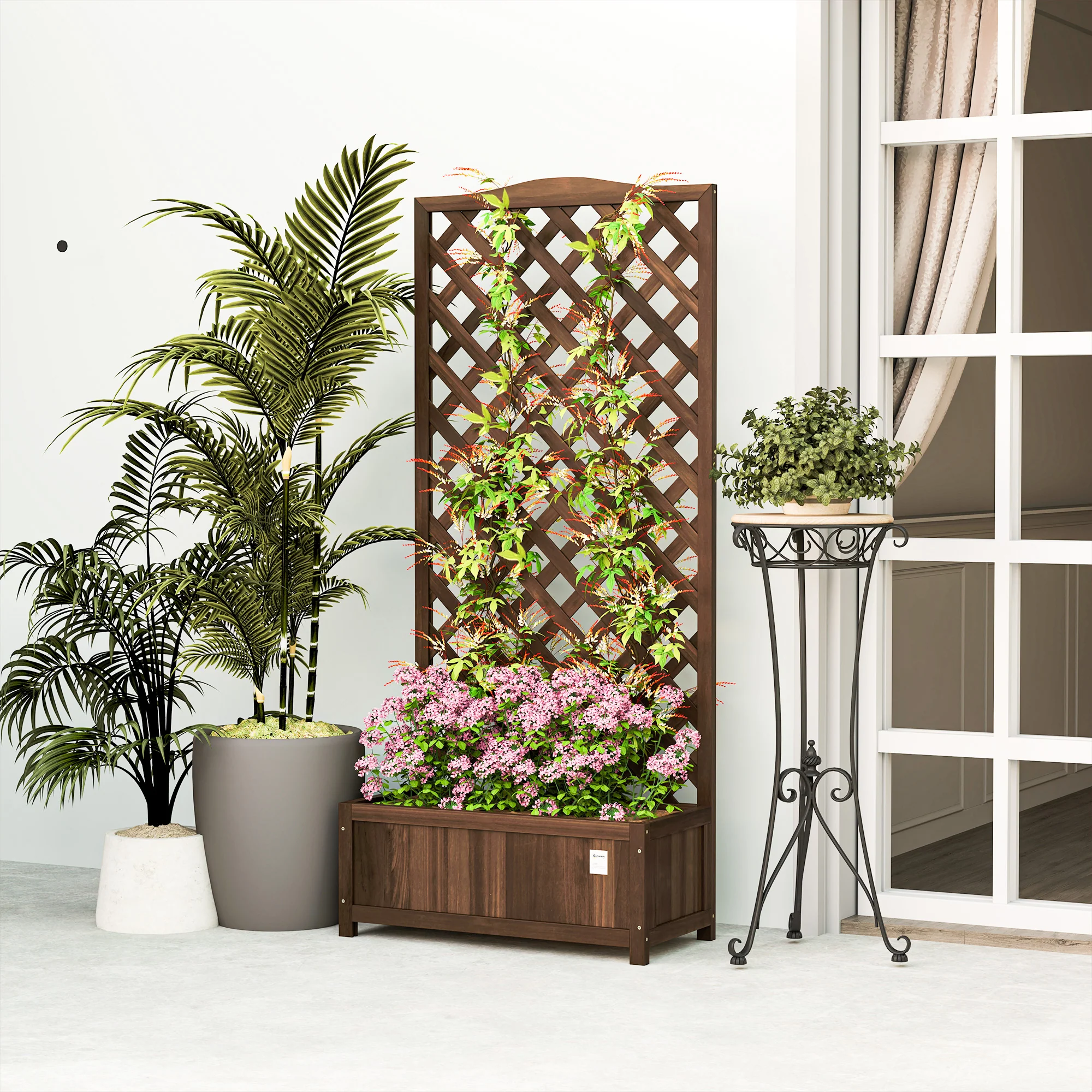 53L Garden Wooden Planter Box with Trellis Free Standing Flower Raised Bed with Lattice for Climbing Plants, 76cm x 36cm x 170cm, Dark Brown - Image 10