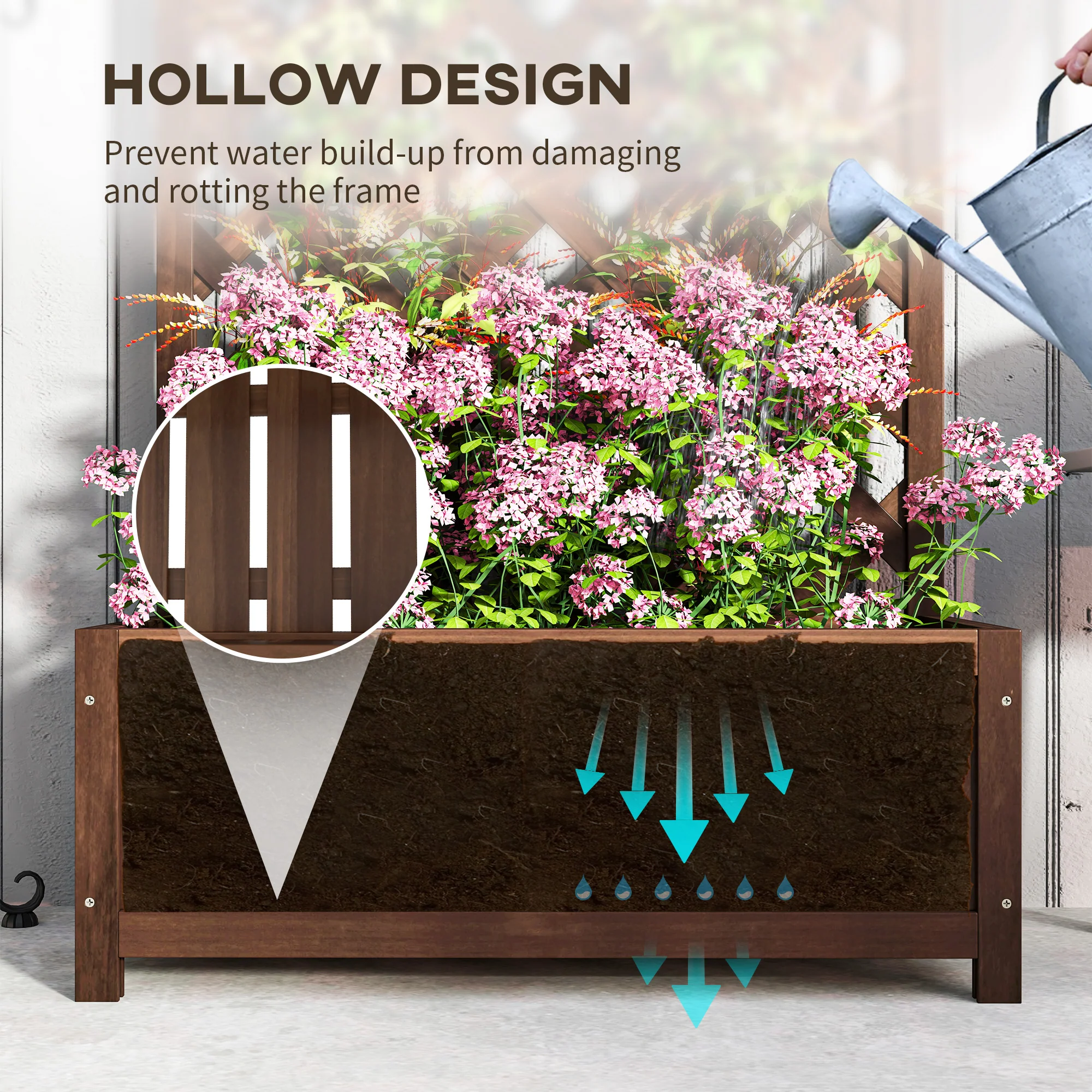 53L Garden Wooden Planter Box with Trellis Free Standing Flower Raised Bed with Lattice for Climbing Plants, 76cm x 36cm x 170cm, Dark Brown - Image 8
