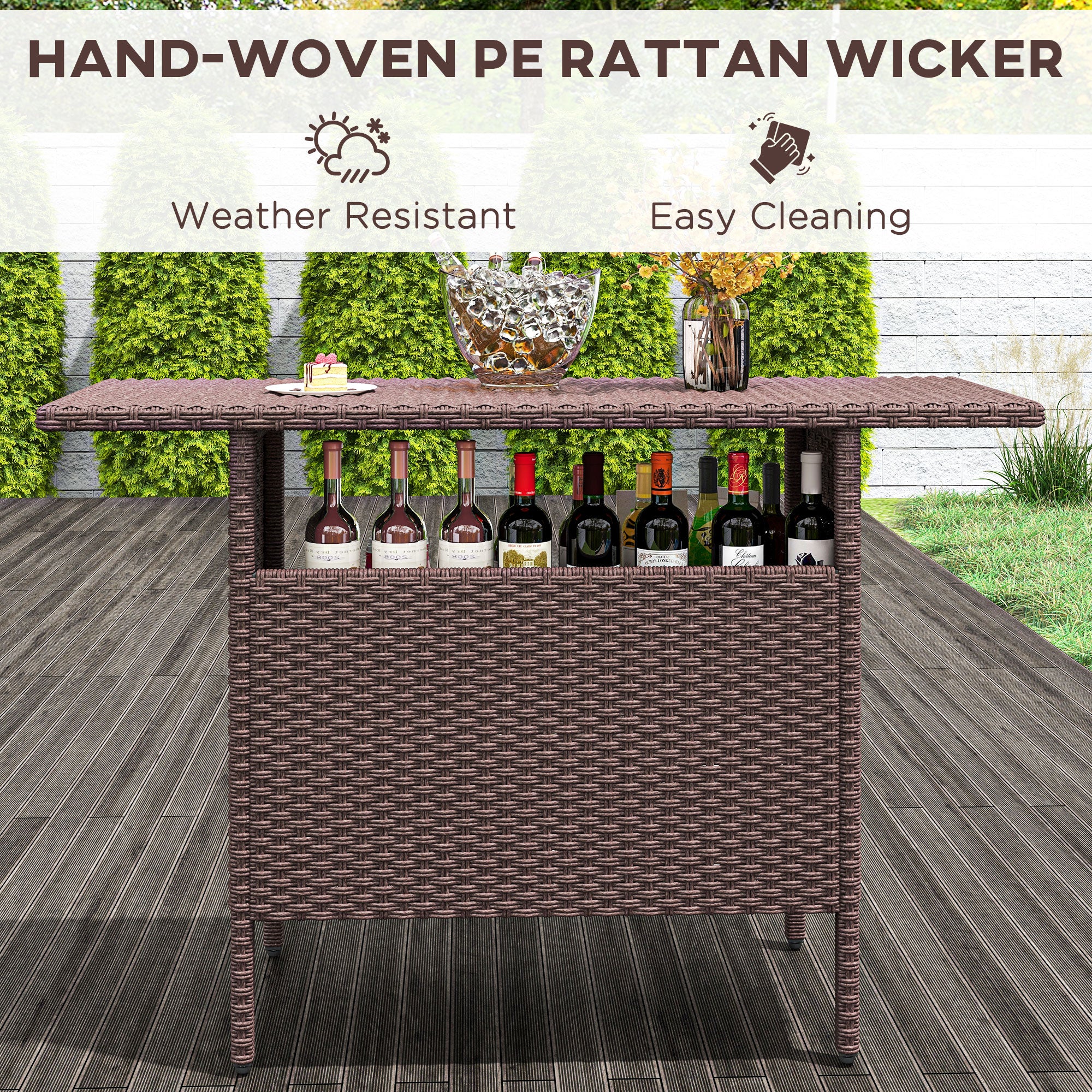 55" Rattan Bar Height Patio Table with 2 Storage Shelves and Steel Frame, Brown - Image 8