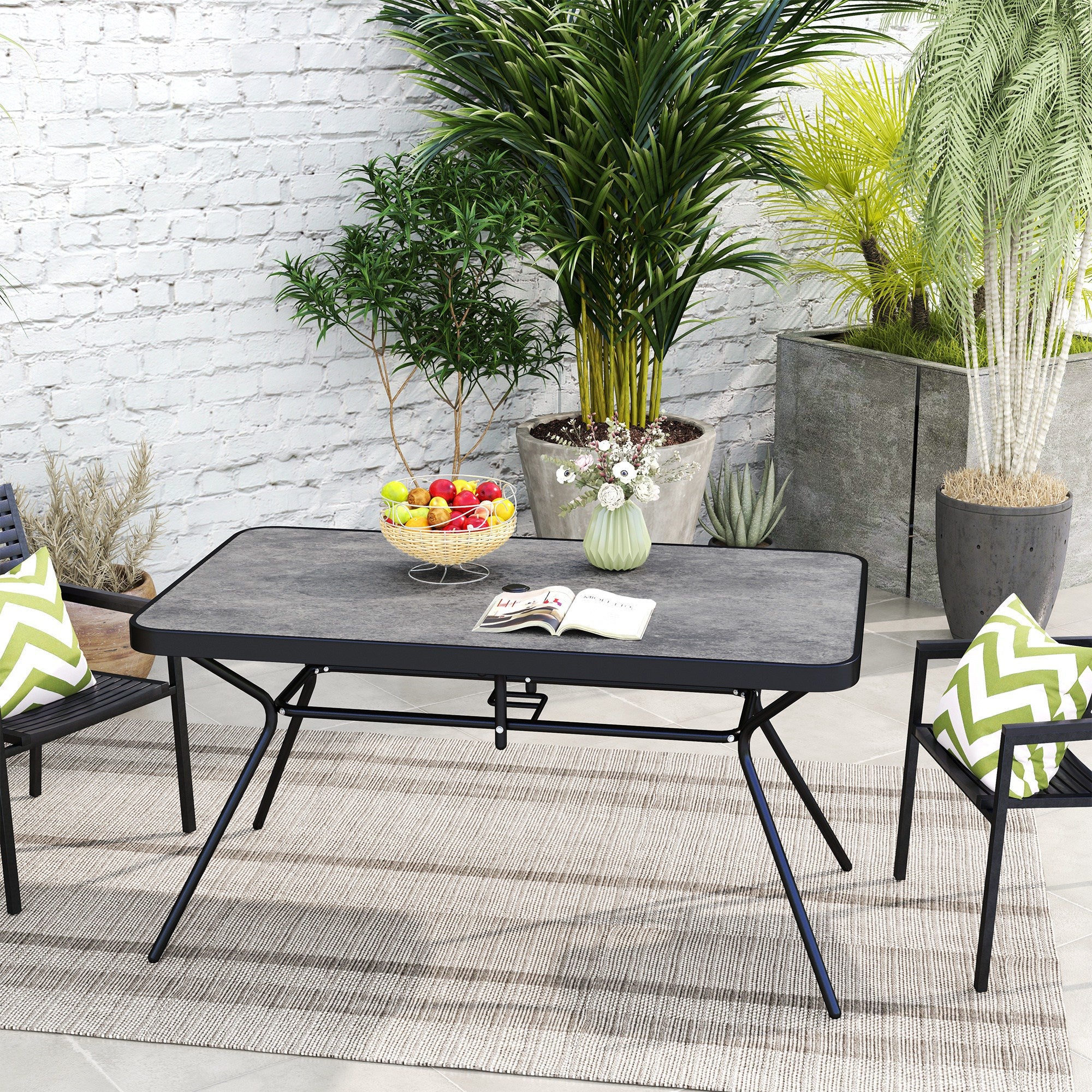 Rectangle Outdoor Dining Table for 6, with 1.7" Umbrella Hole & Easy Clean Tabletop, Grey - Image 4