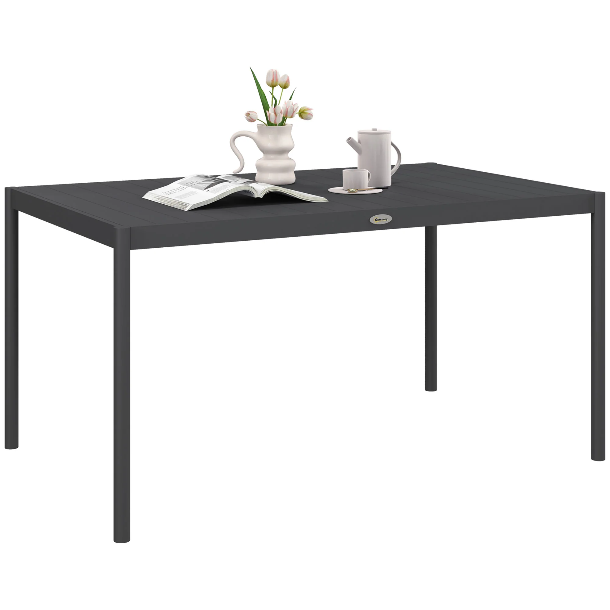 57" Outdoor Dining Table w/ Aluminium Frame & Slatted Design, Easy to Assemble, Dark Grey