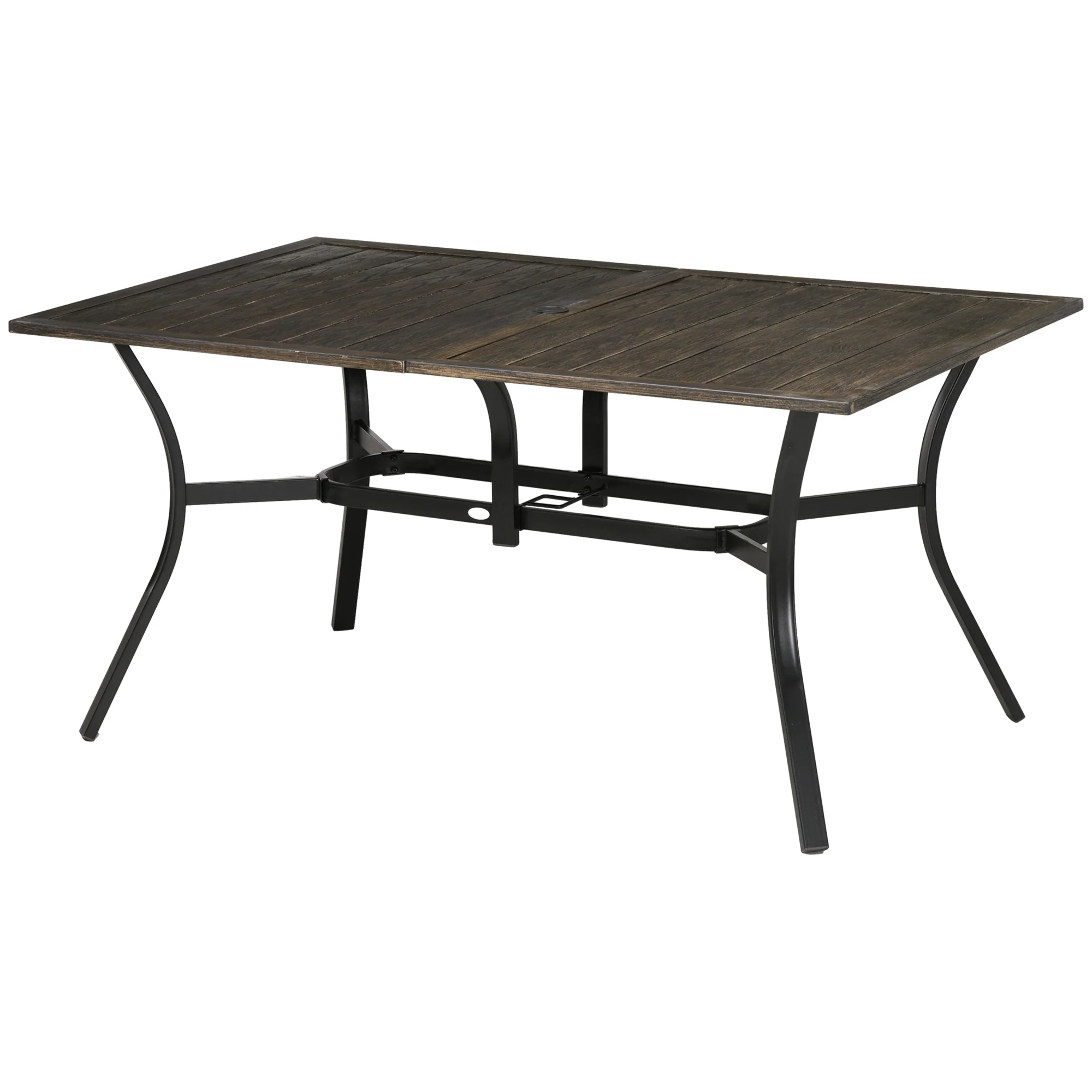 59" Outdoor Dining Table for 6 with Parasol Hole, Steel Frame & Wood Grain Tabletop, Brown - Image 2