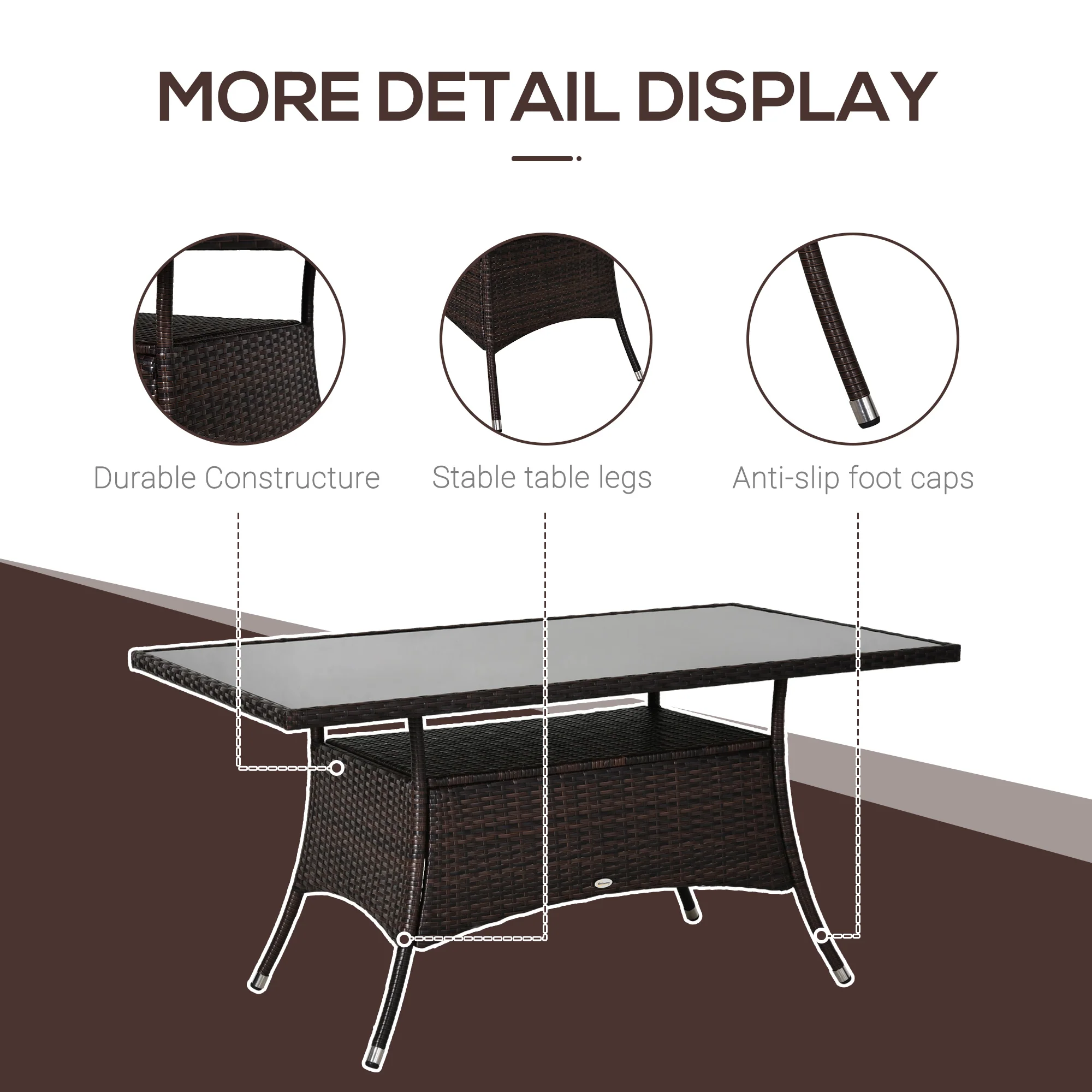 Patio Rattan Dining Table with Tempered Glass Tabletop & Storage Shelf for Yard, Brown - Image 8