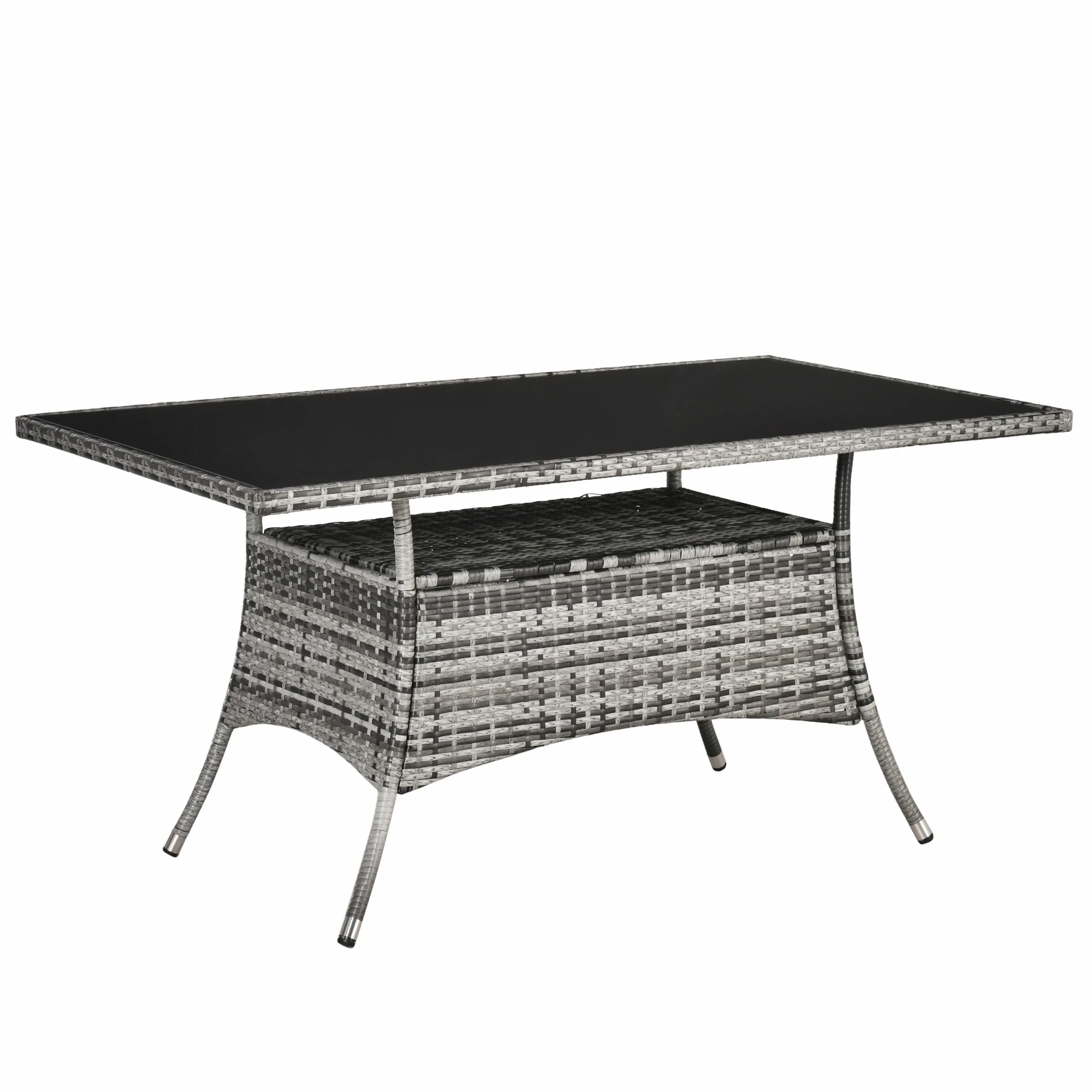 Patio Rattan Dining Table with Tempered Glass Tabletop & Storage Shelf for Yard, Grey - Image 2
