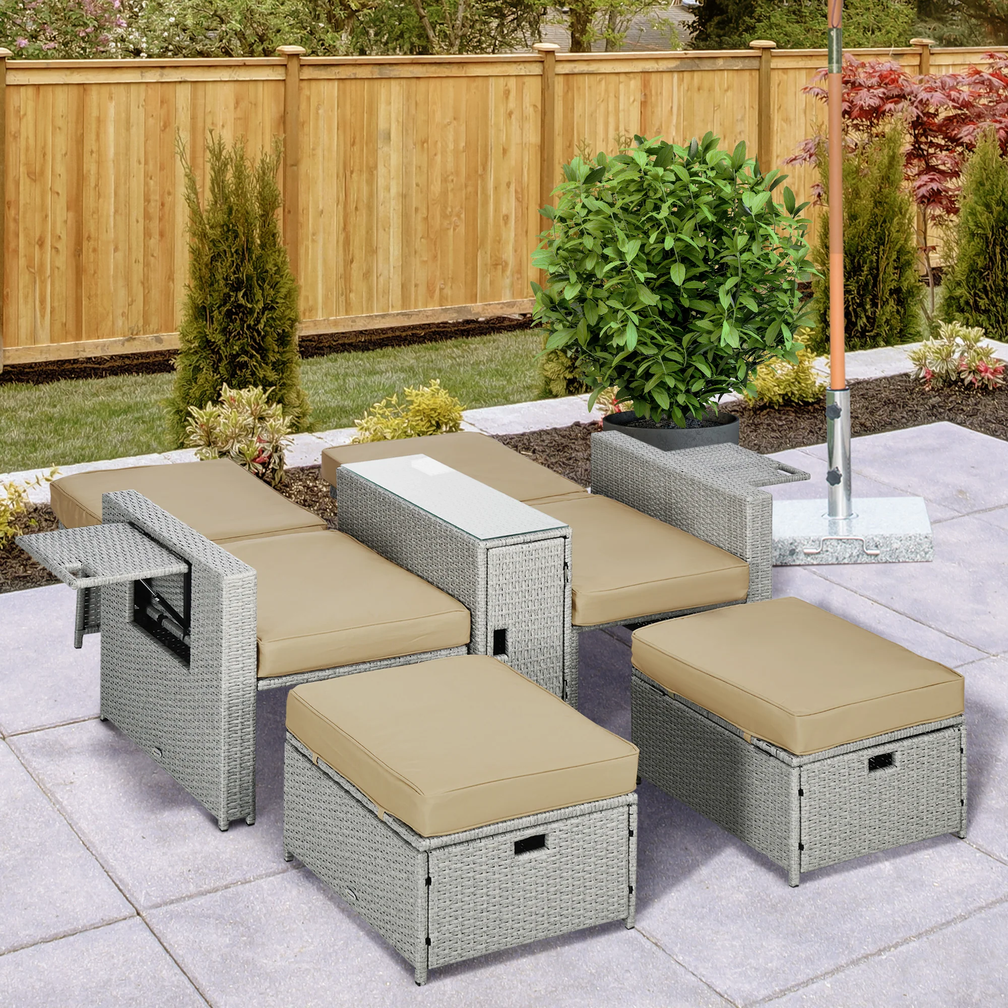 5-Level Adjustable Recliner with Storage Side Table & Footstools for Patio, Poolside, Beige - Image 4