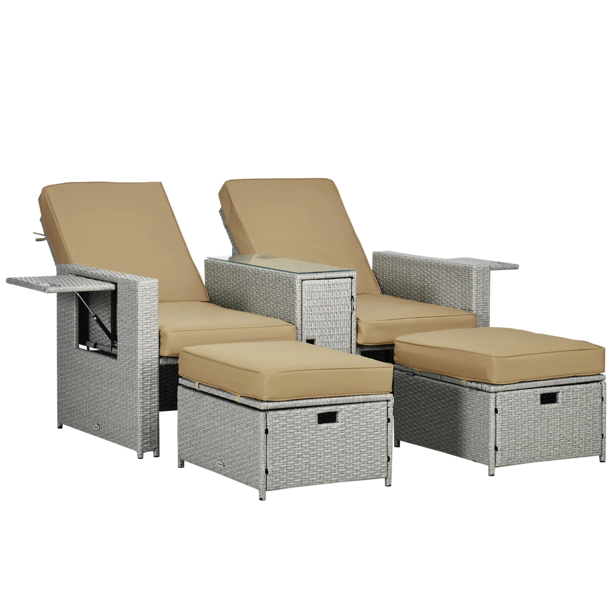5PC Outdoor PE Rattan Lounger w/ 5-level Back Position, Footstools & Storage Side Table, Khaki - Image 12
