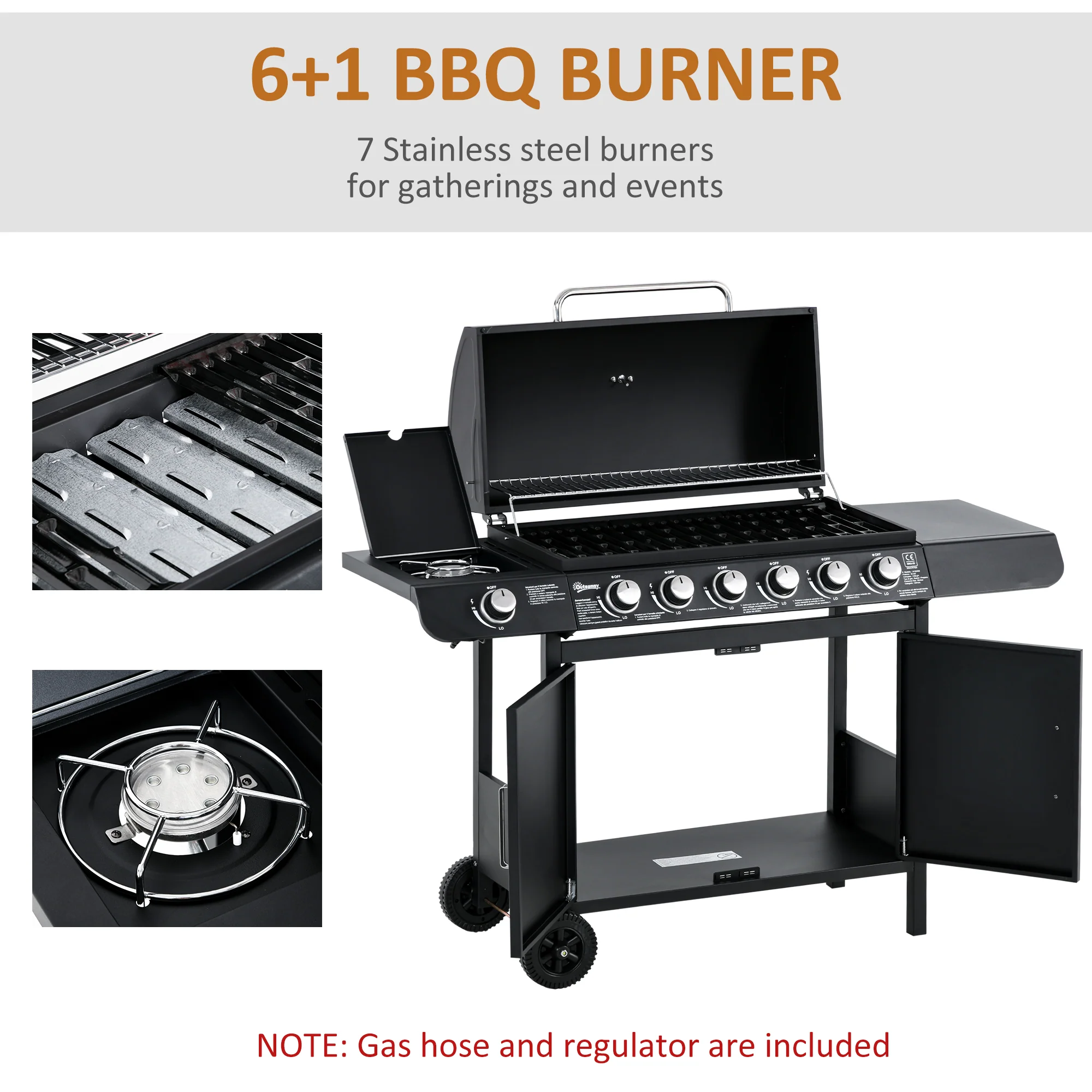 6+1 Burner Gas BBQ Grill with Thermometer & Storage Cabinet, 135 x 51.5 x 100cm, Black - Image 7
