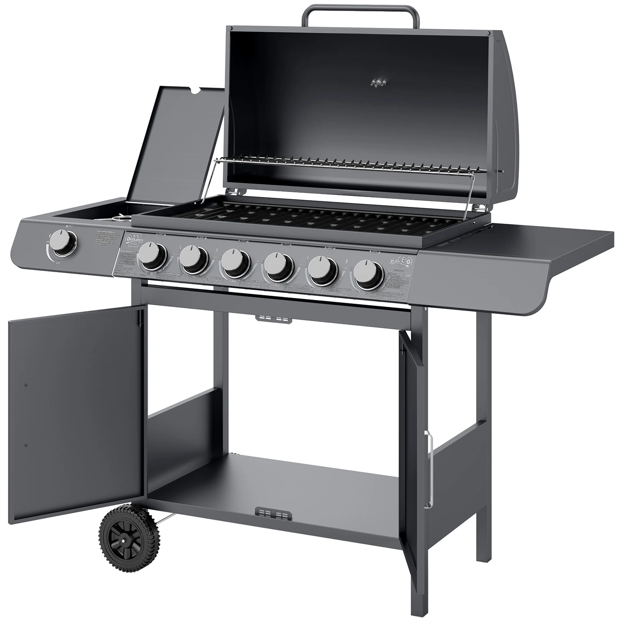 6+1 Burner Gas BBQ Gril with Side Burner, Warming Rack & Thermometer, 135 x 51.5 x 100cm, Grey - Image 2