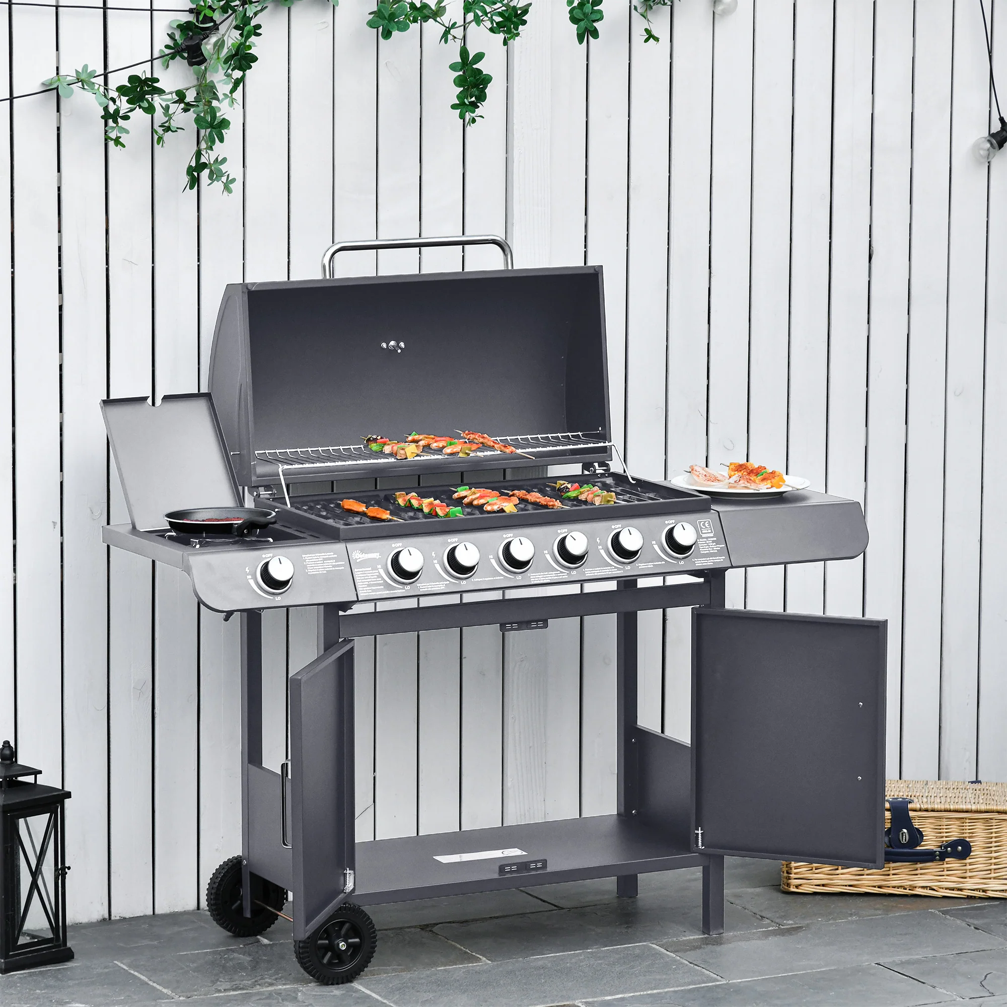 6+1 Burner Gas BBQ Gril with Side Burner, Warming Rack & Thermometer, 135 x 51.5 x 100cm, Grey - Image 3