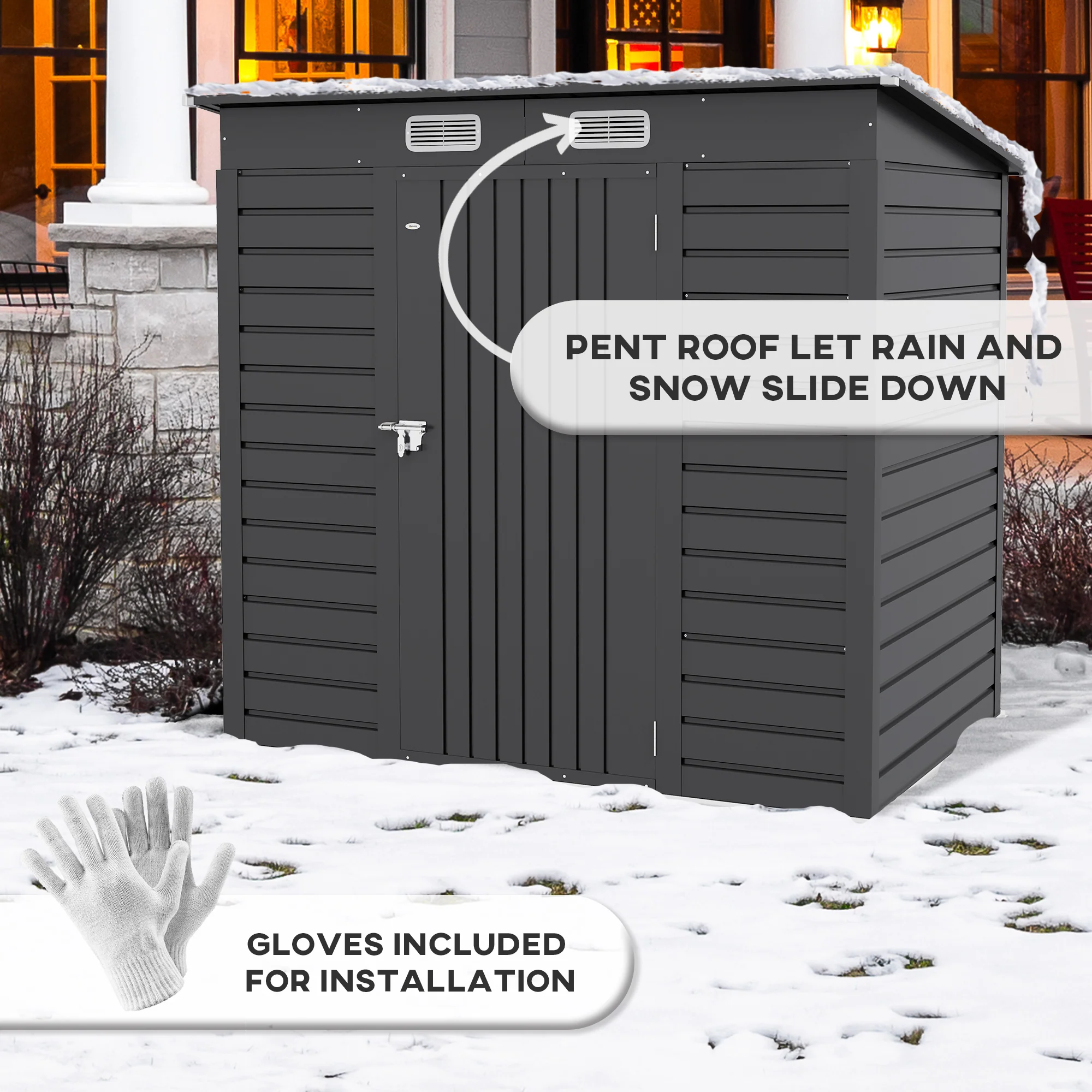6.3 x 4.3FT Galvanised Metal Tool Storage Shed with Pent Roof, 2 Vents & Lockable Door, Grey - Image 9