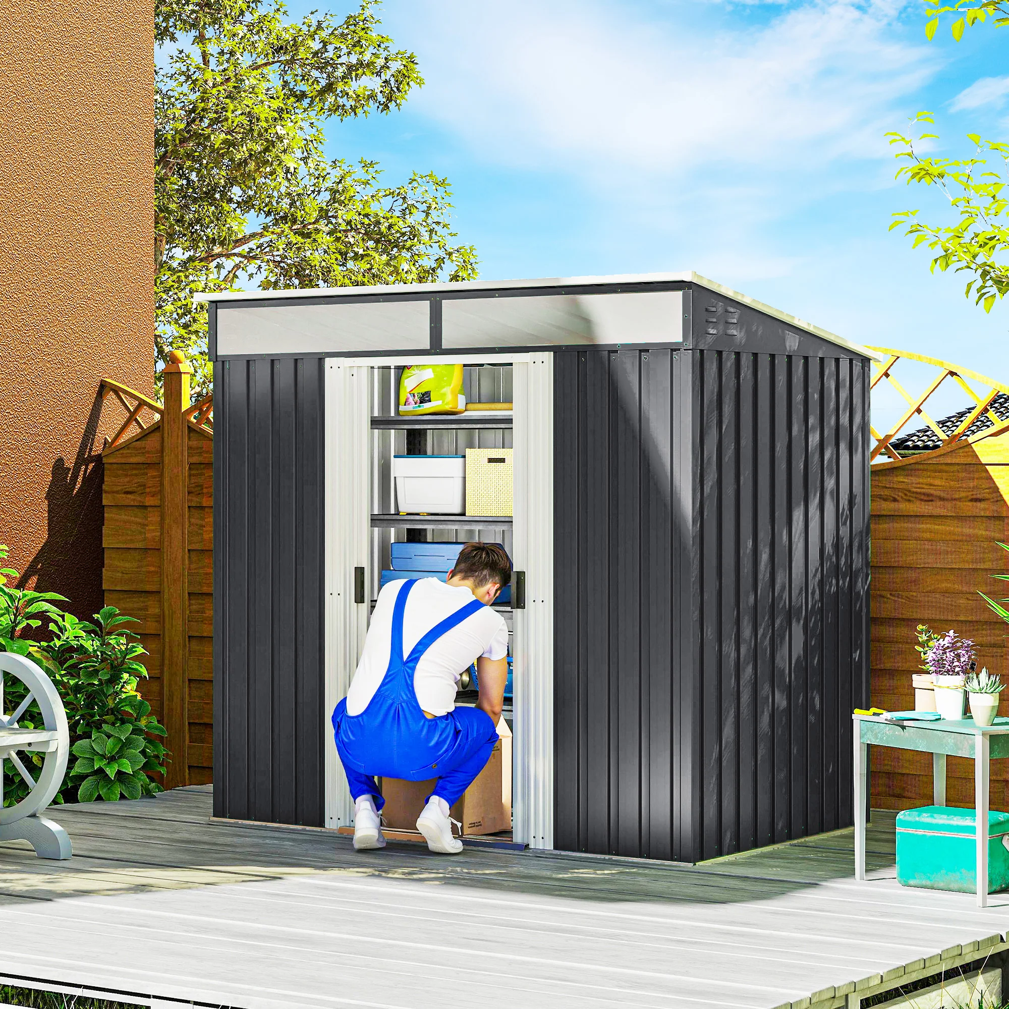 6.5' x 4' Metal Storage Shed with Foundation Kit, Sliding Doors & Vents, Grey - Image 3