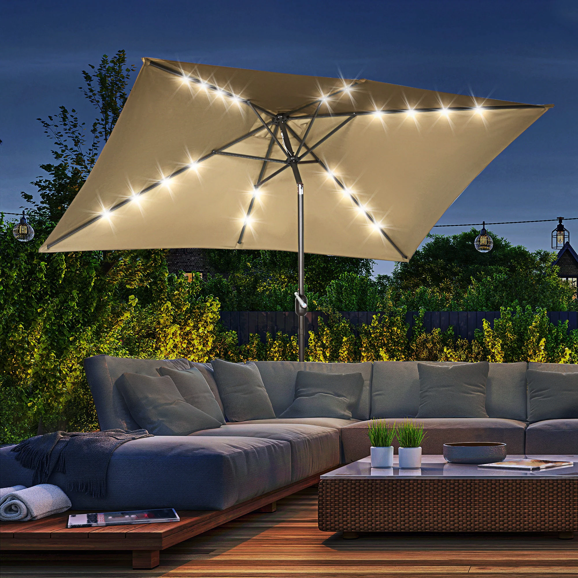 6.5' x 10' Solar Rectangle Market Umbrella with LEDs, Light Coffee - Image 3