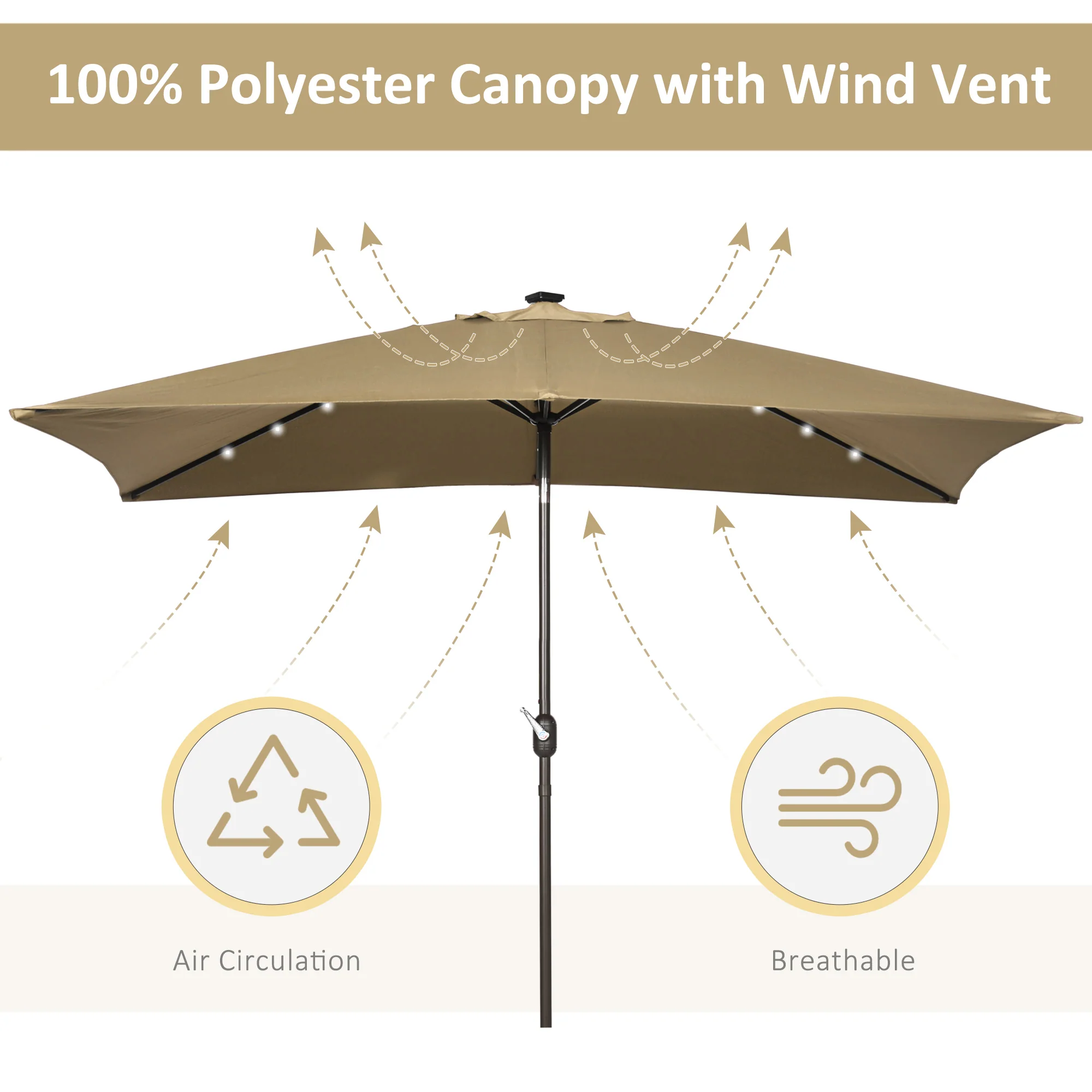 6.5' x 10' Solar Rectangle Market Umbrella with LEDs, Light Coffee - Image 9