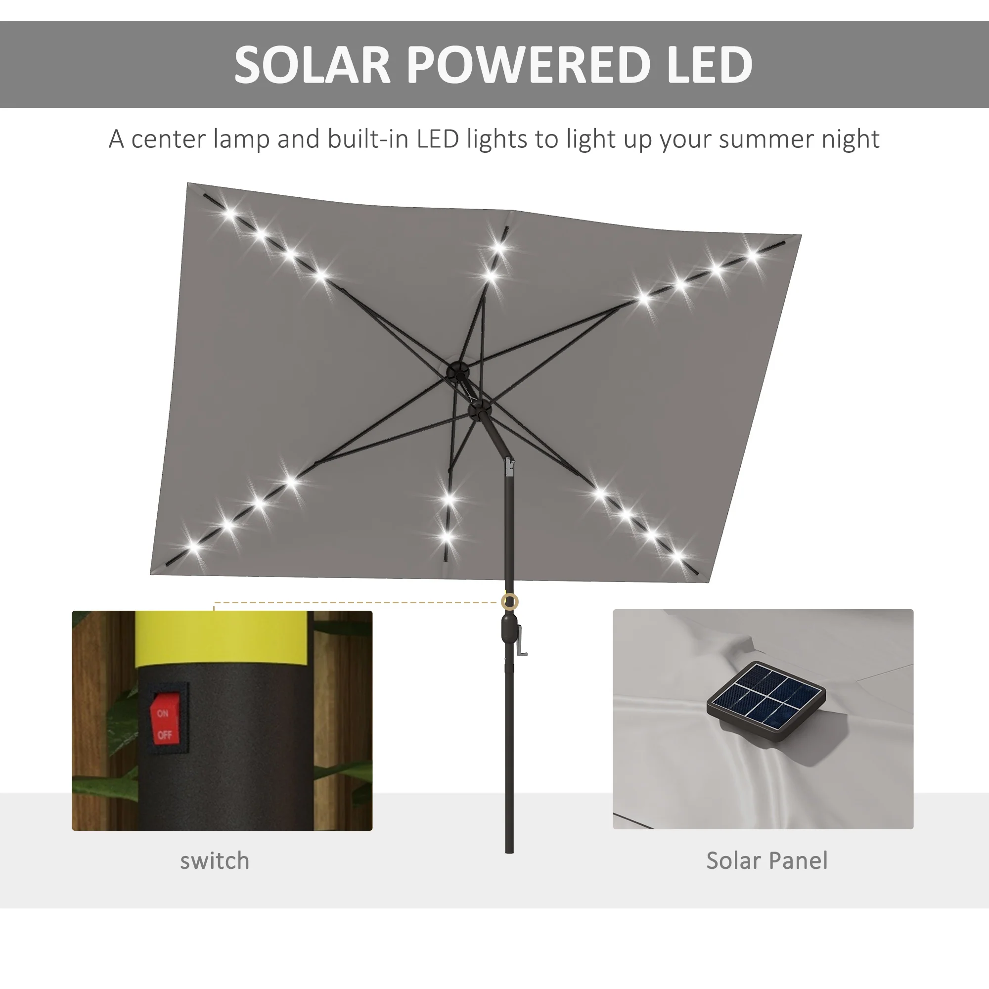 6.5' x 10' Solar Rectangle Market Umbrella with LEDs, Light Grey - Image 6