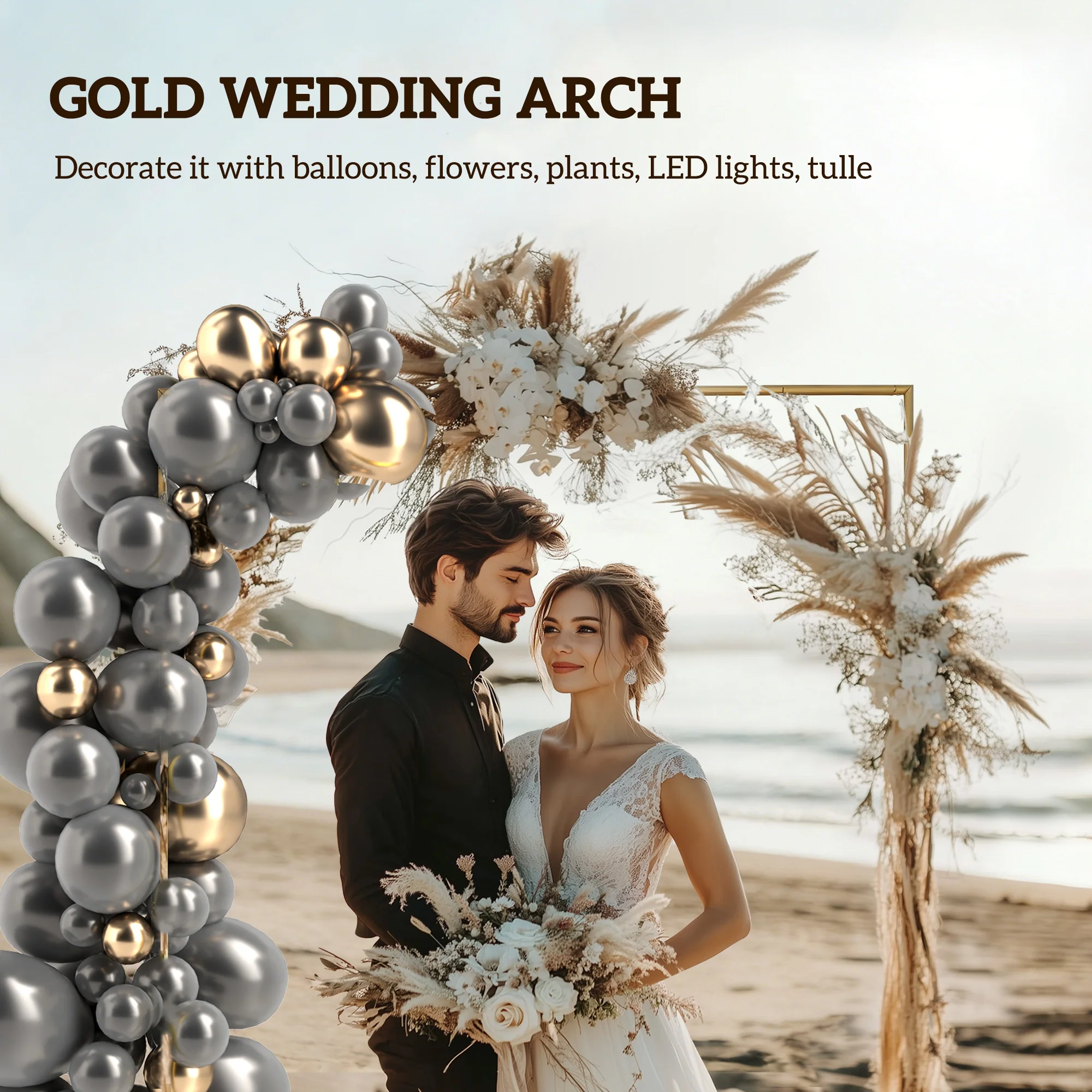 Wedding Arch Backdrop Stand, Square Wedding Arch with U-shaped Stakes, 6.6 FT Gold Metal Arch Frame - Image 6