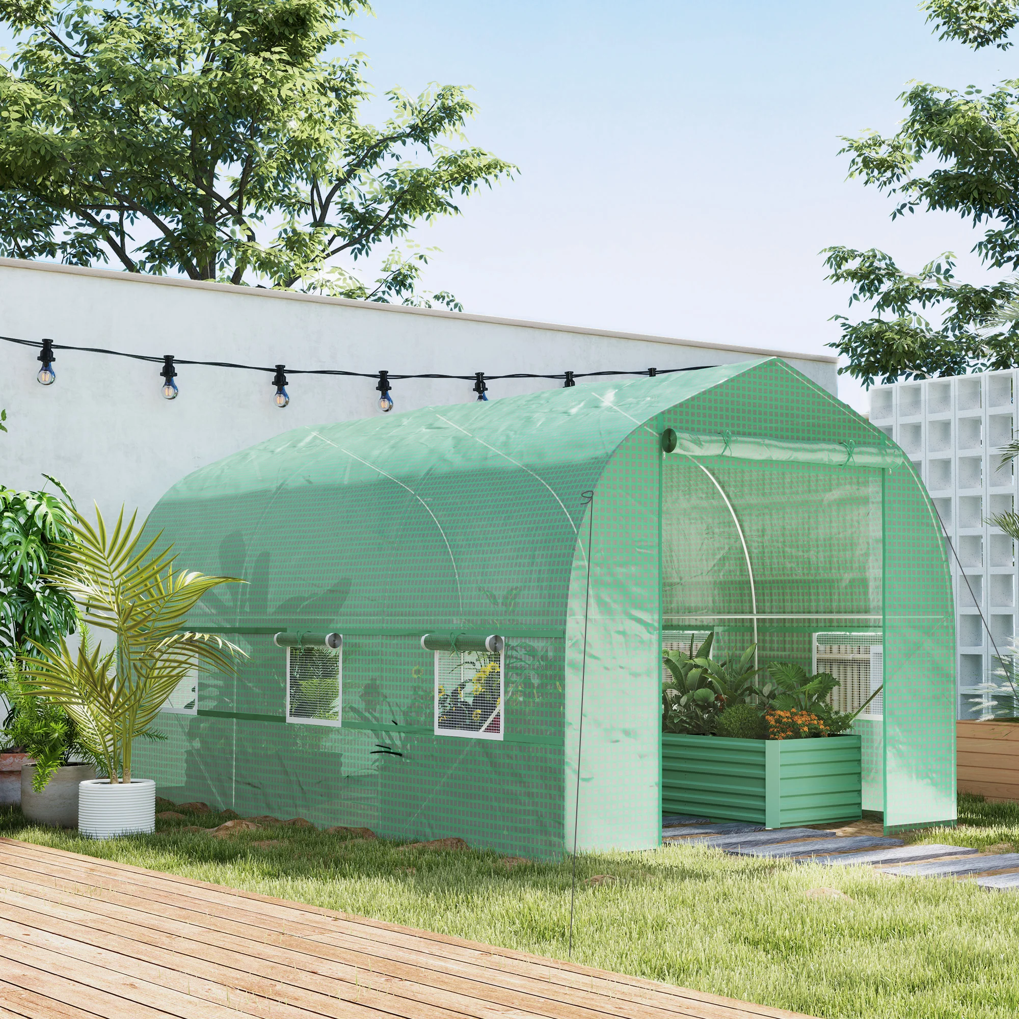 6.6' x 11' x 7' Walk-in Greenhouse with Roll-Up Door & 6 Mesh Windows, Green - Image 3