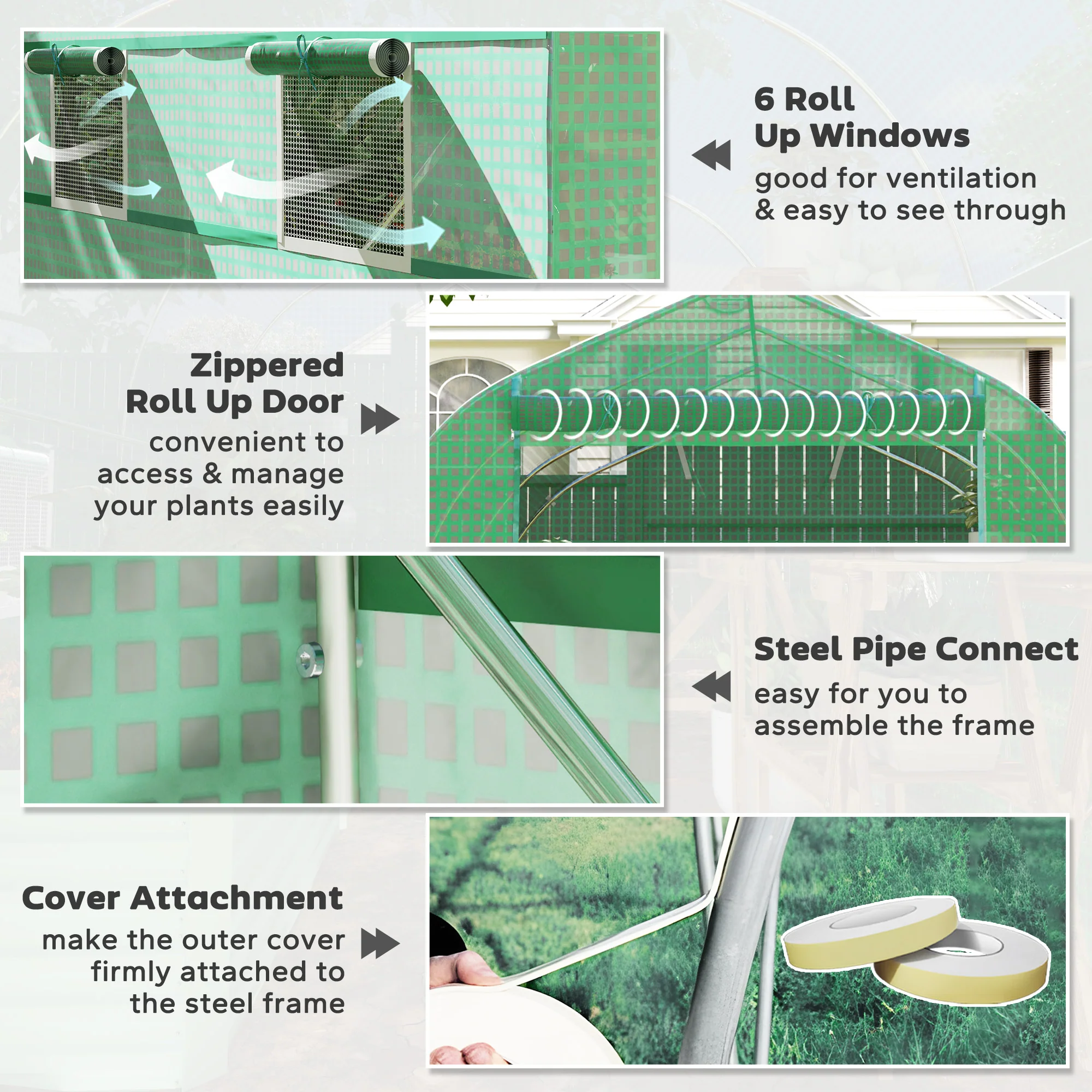 6.6' x 11' x 7' Walk-in Greenhouse with Roll-Up Door & 6 Mesh Windows, Green - Image 7