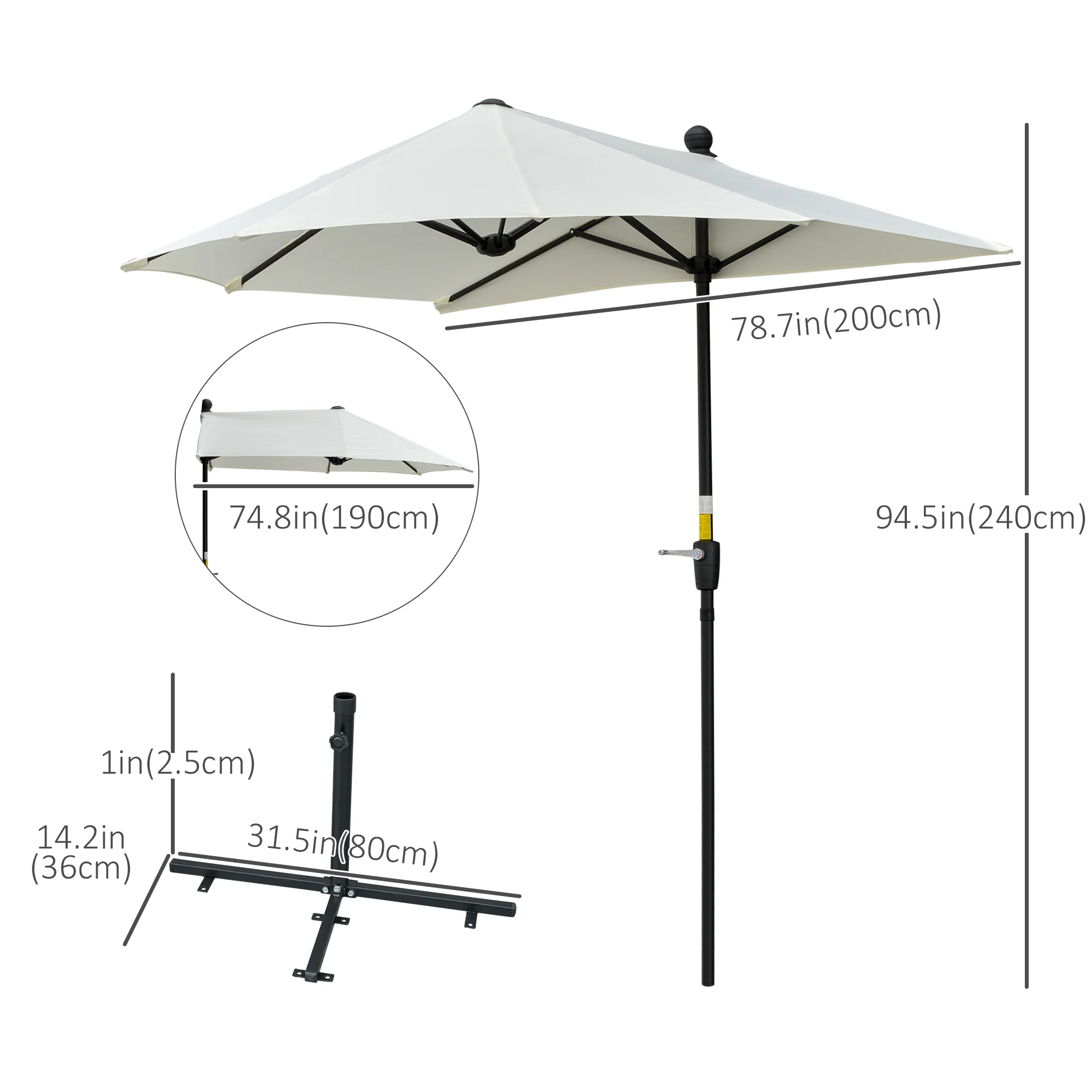 6.6'x6' Double-Sided Market Umbrella with Crank Handle & Cross Base, Cream White - Image 5