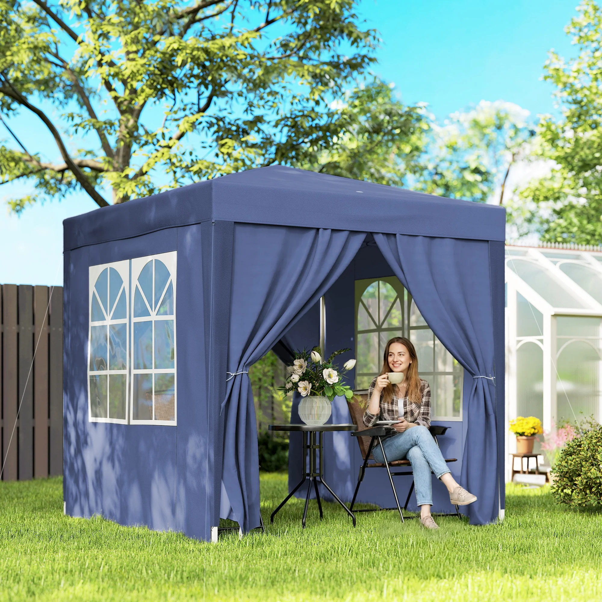 6.6'x6.6' Pop Up Canopy Tent with Sidewalls, Instant Sun Shelter Camping Gazebo with Carry Bag, Blue - Image 3