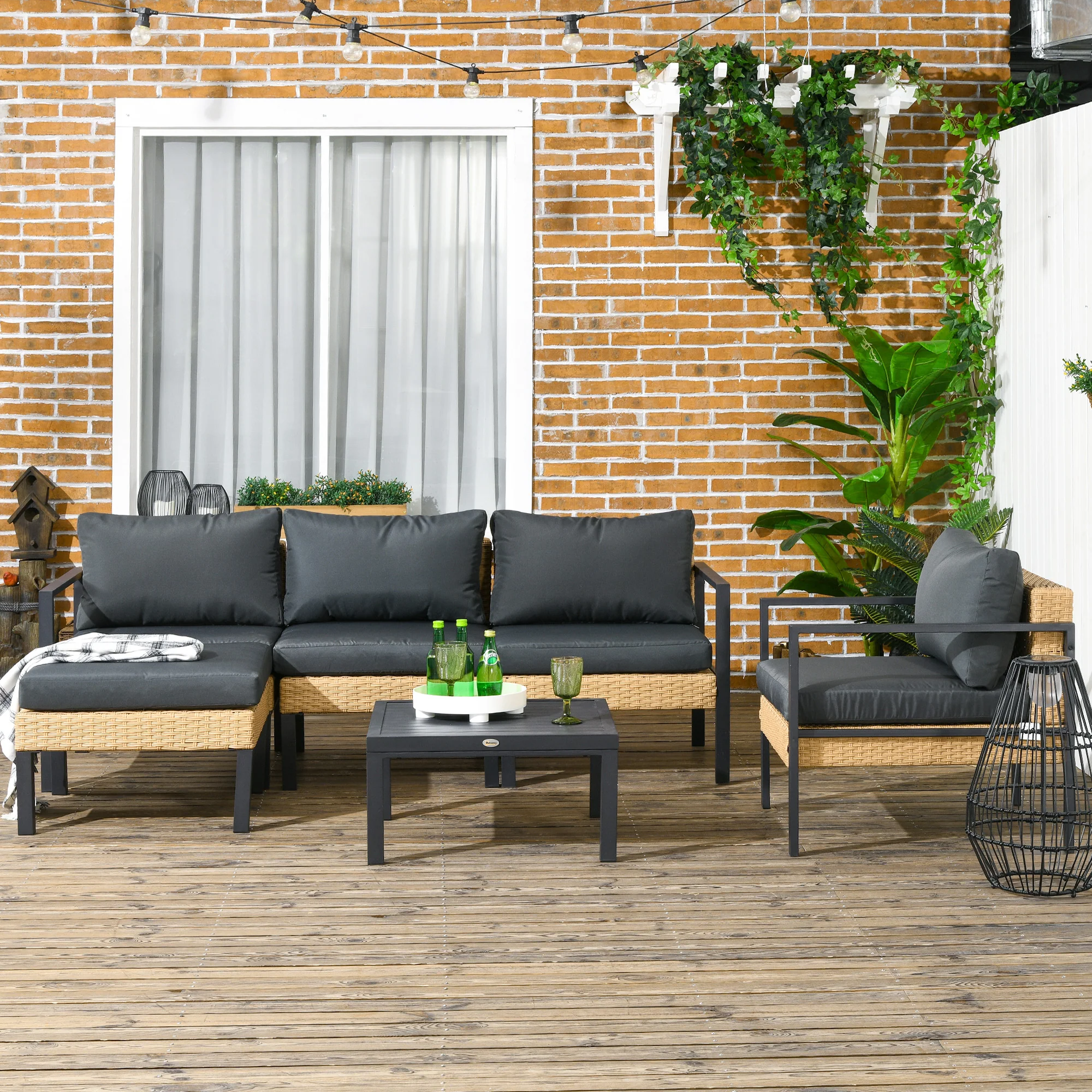 6 Pieces Patio Furniture Set, Wicker Cushioned Sectional Sofa with Coffee Table, Yellow - Image 3