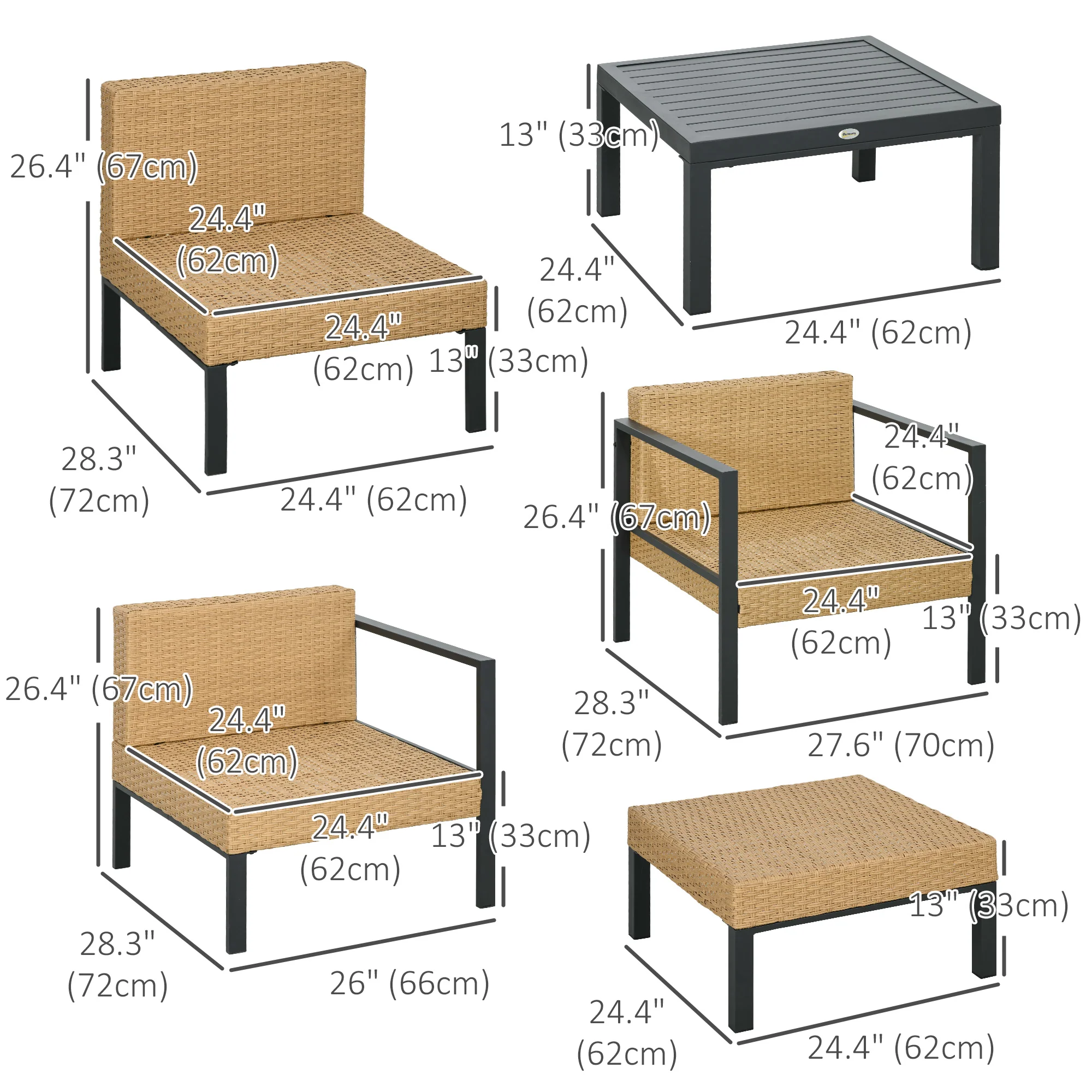 6 Pieces Patio Furniture Set, Wicker Cushioned Sectional Sofa with Coffee Table, Yellow - Image 5