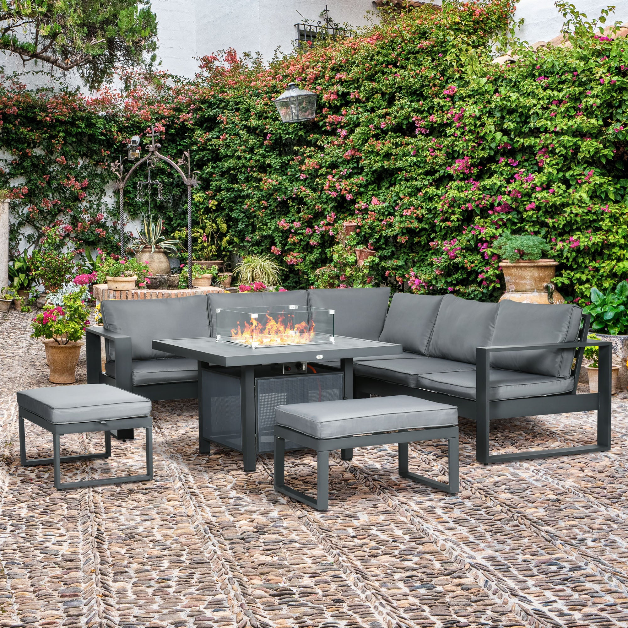 6-Piece Patio Sofa Conversation Set w/ Loveseat, Footstool & Gas Fire Pit Table, Grey - Image 3
