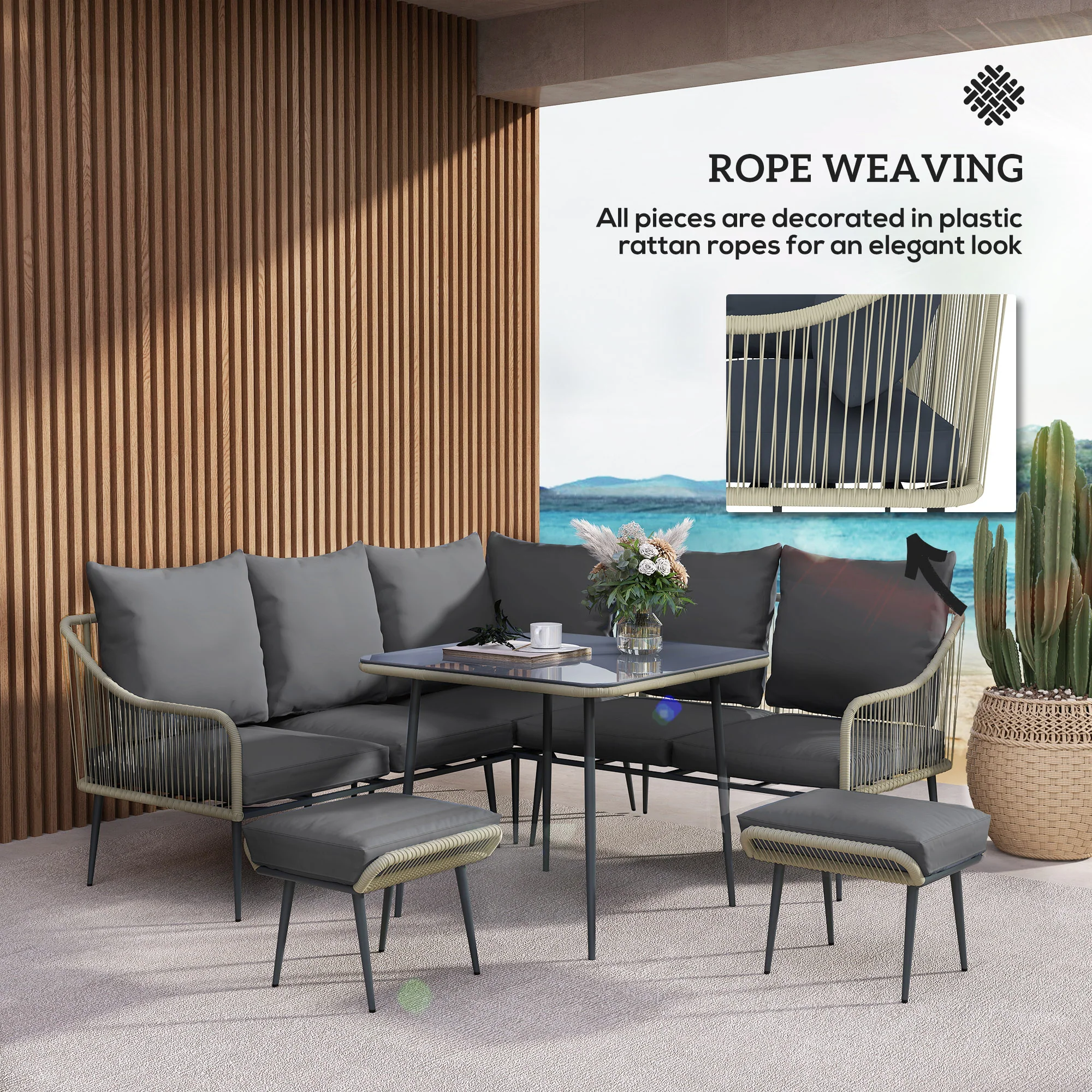6 Pieces Garden Corner Sofa Set w/ Thickened Cushions, Glass Top Table & Footstools, Light Grey - Image 9