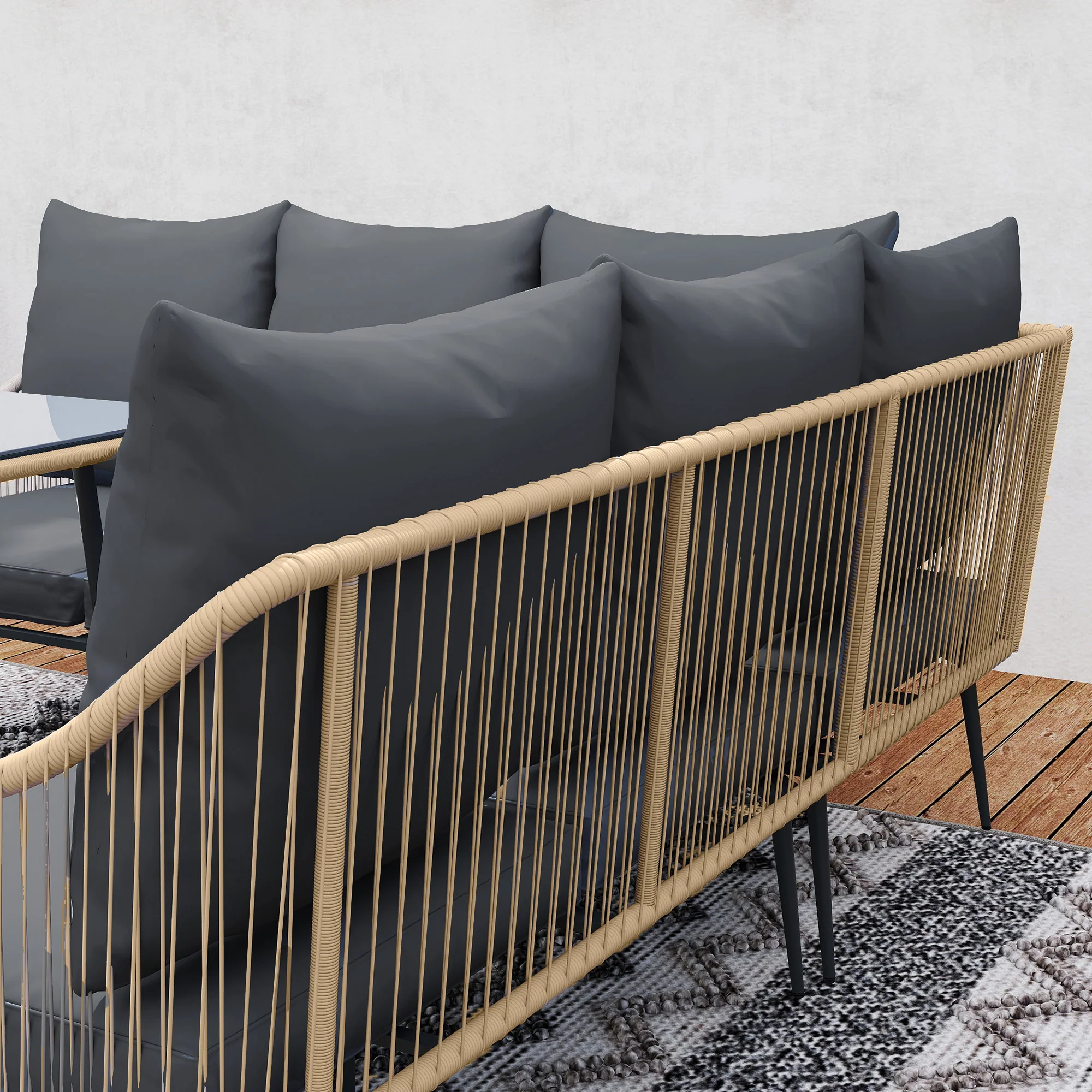 6 Pieces Garden Corner Sofa Set w/ Thickened Cushions, Glass Top Table & Footstools, Light Brown - Image 11