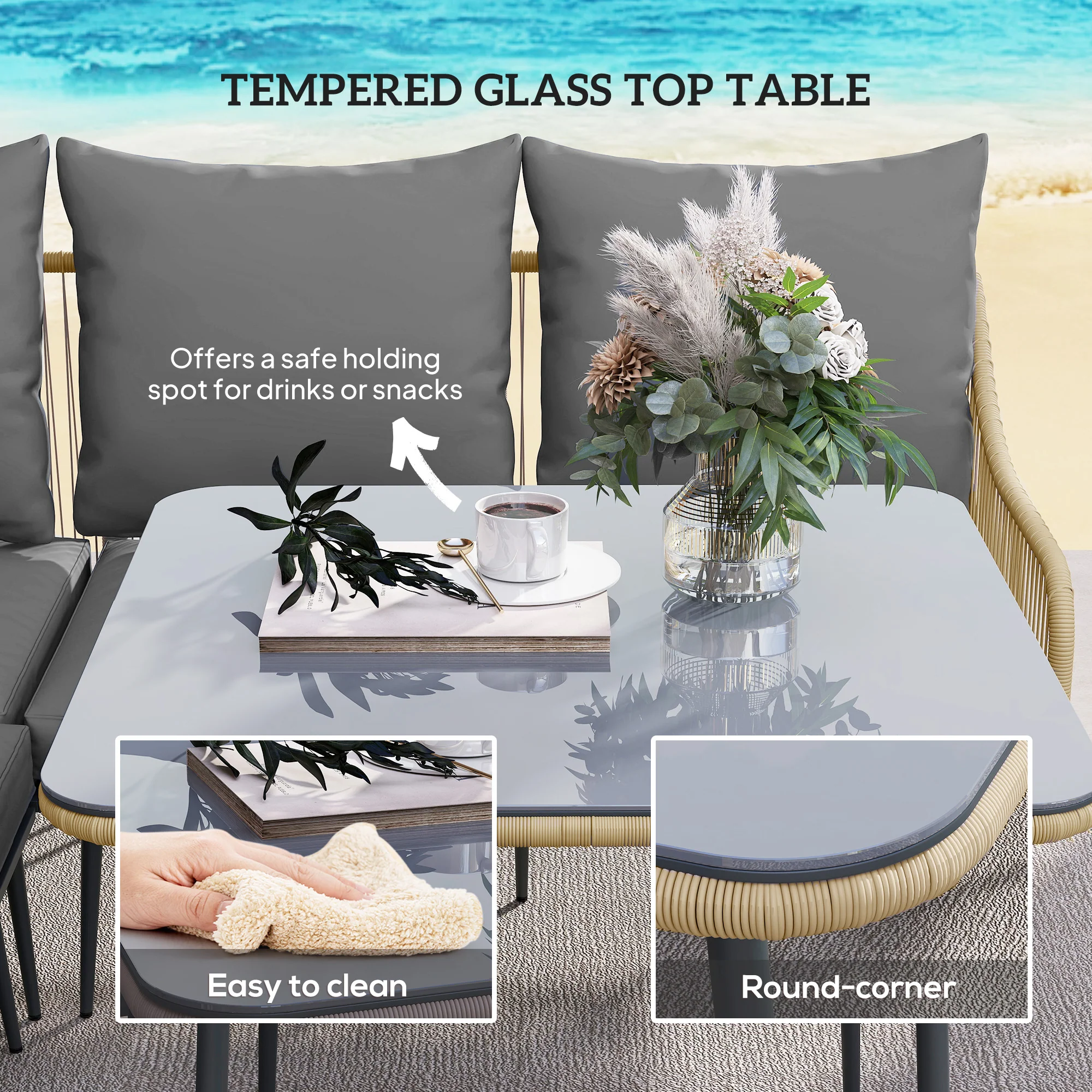 6 Pieces Garden Corner Sofa Set w/ Thickened Cushions, Glass Top Table & Footstools, Light Brown - Image 8