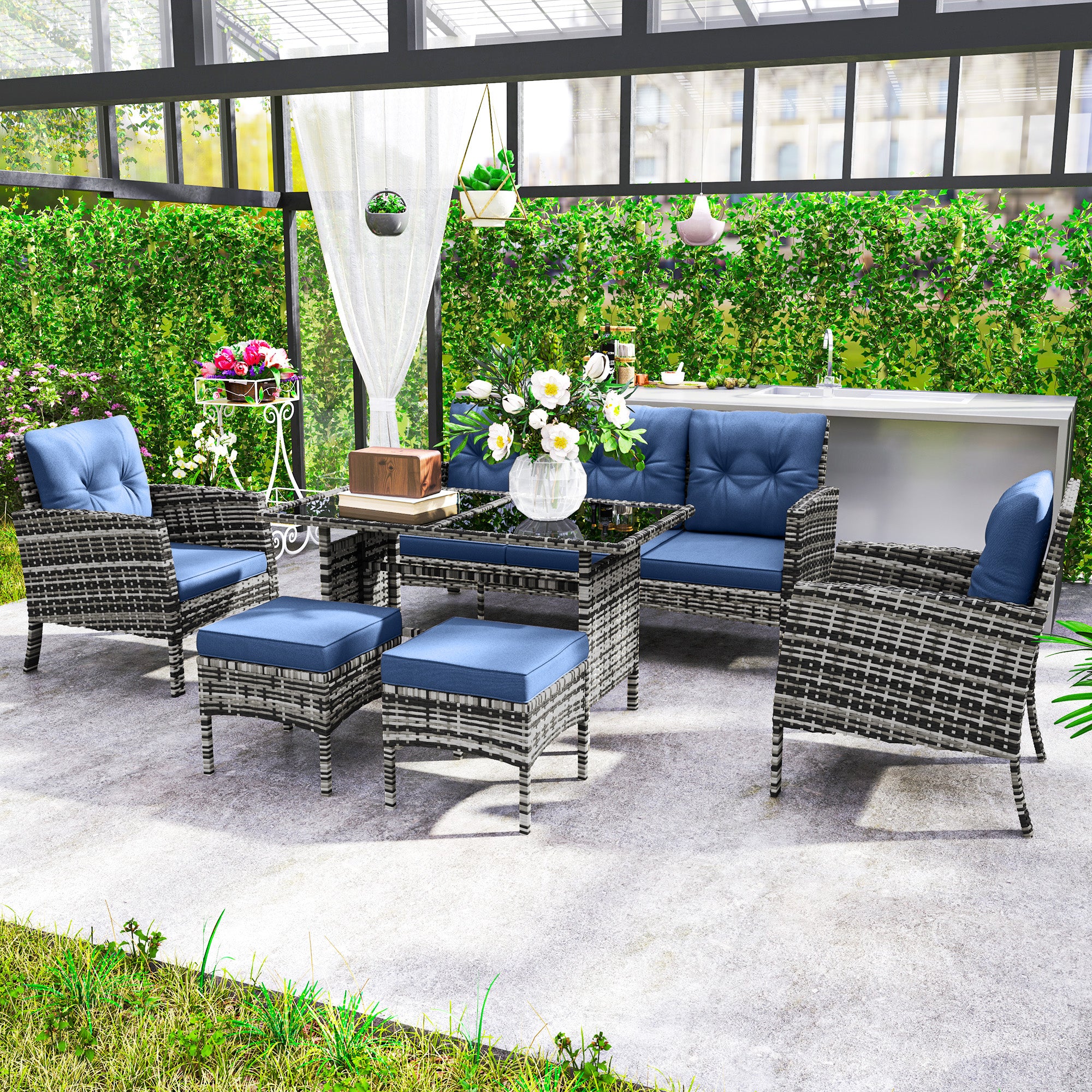 6 Piece Wicker Rattan Patio Set with Ottomans, Glass Top Table & Cushions, Navy Blue - Image 4