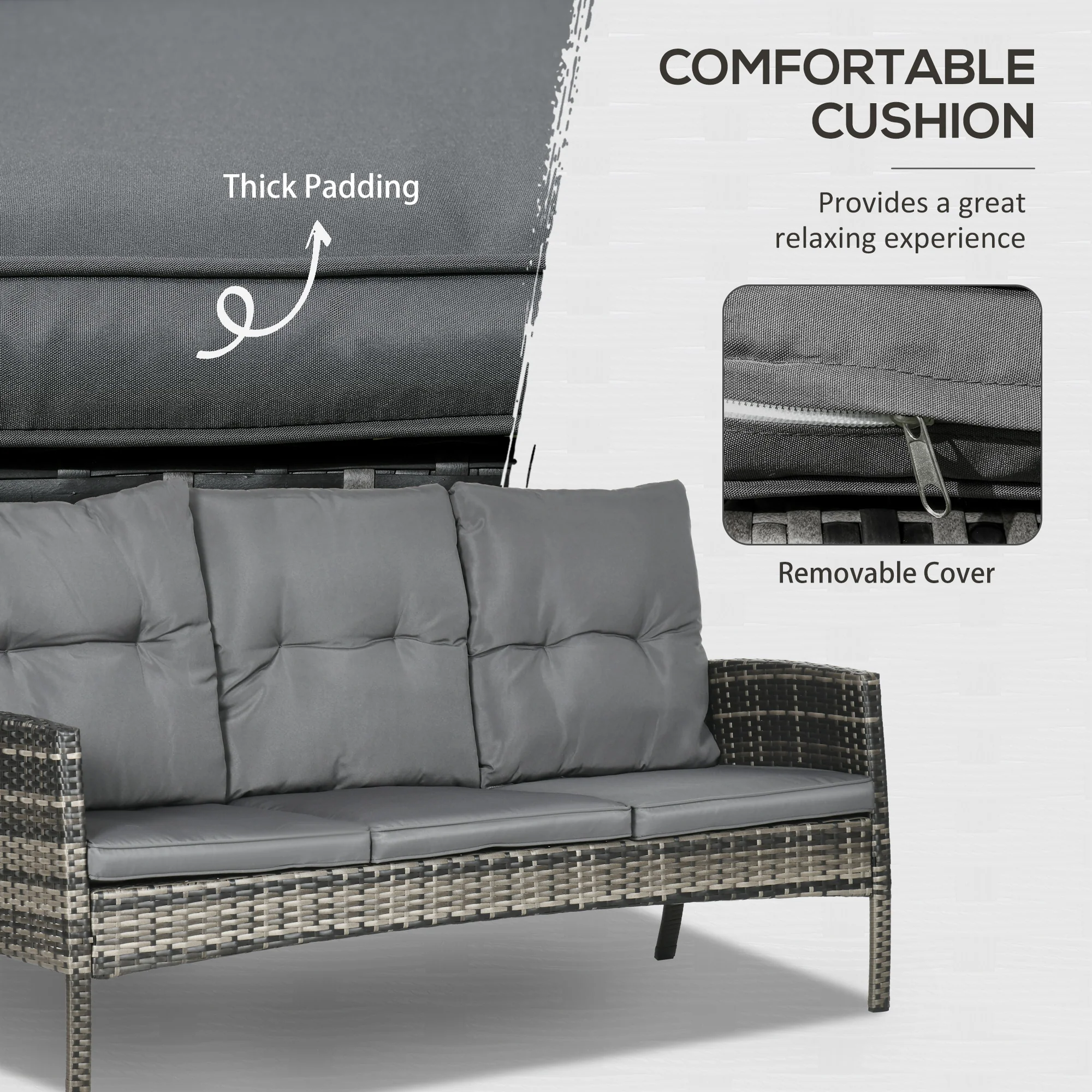 6 Piece Wicker Rattan Patio Furniture Set with Ottomans, Glass Top Table & Cushions, Grey - Image 6
