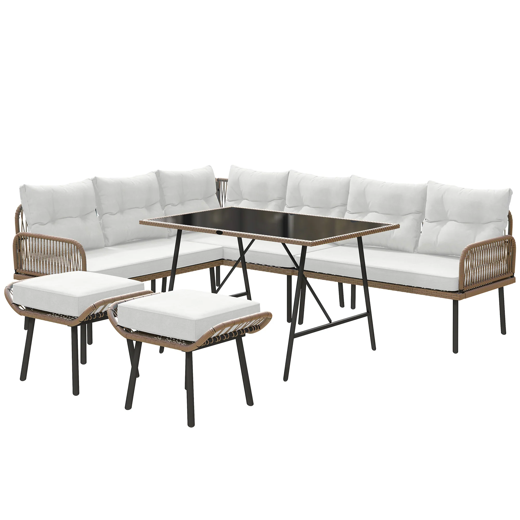 6 Piece Rattan Garden Furniture Set, 8 Seater Garden Corner Sofa with Cushions and Glass Top Table, Sectional Outdoor Furniture Conservatory Set for Patio, Cream White - Image 12
