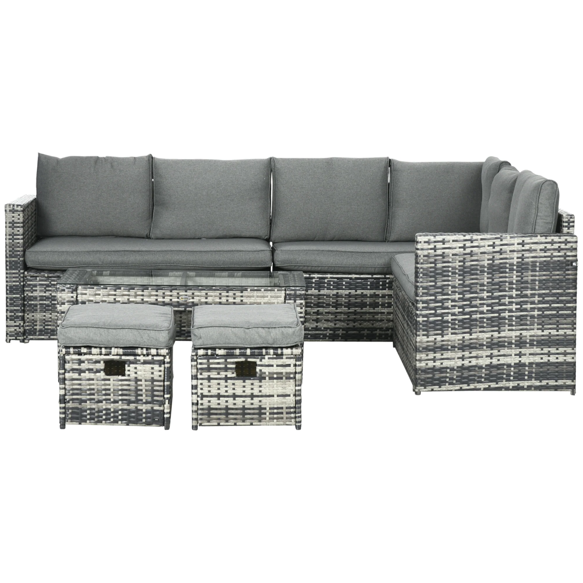 6pcs Garden Furniture Set with Glass Table, 8-Seater Sectional Cushioned Sofa, Grey - Image 2