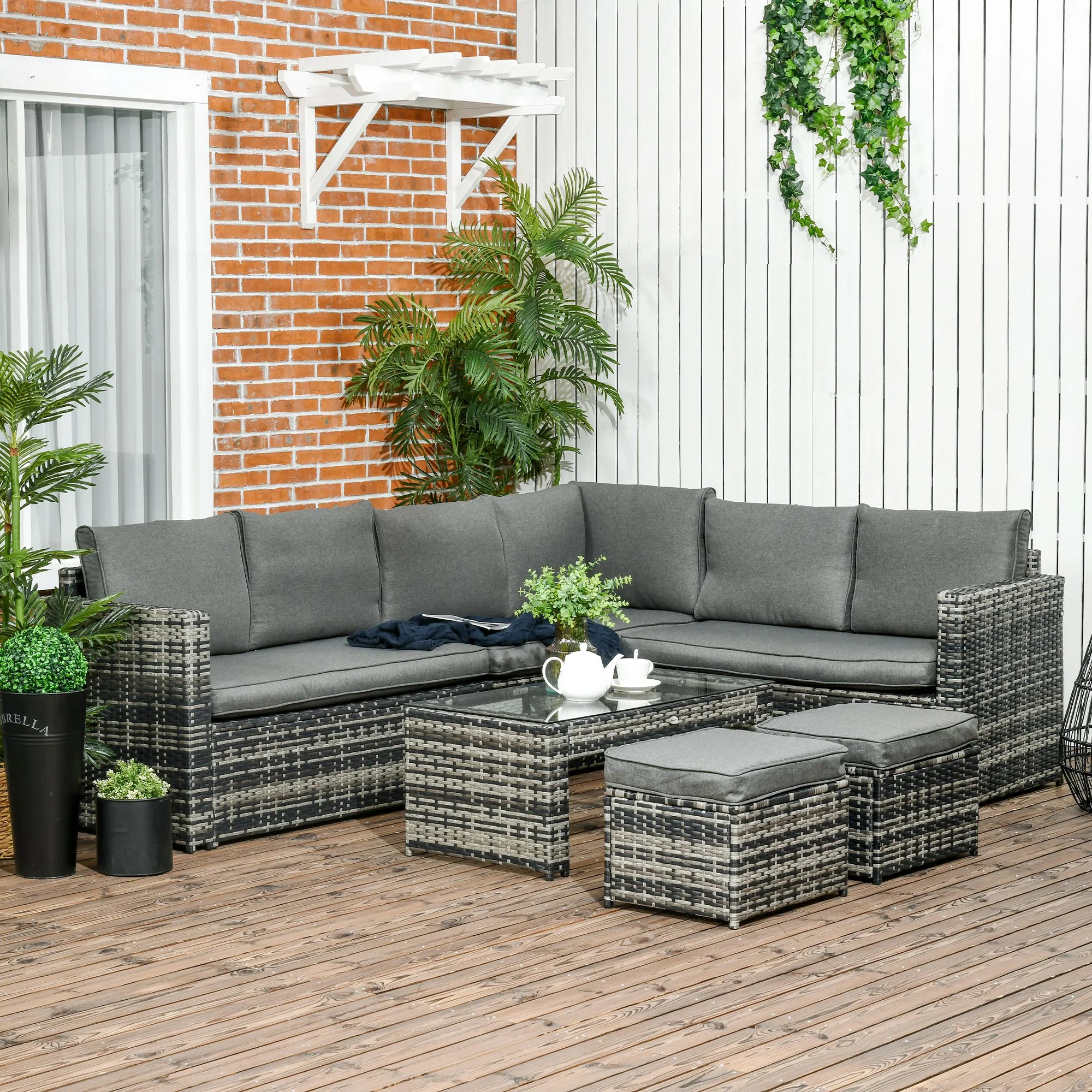 6pcs Garden Furniture Set with Glass Table, 8-Seater Sectional Cushioned Sofa, Grey - Image 3