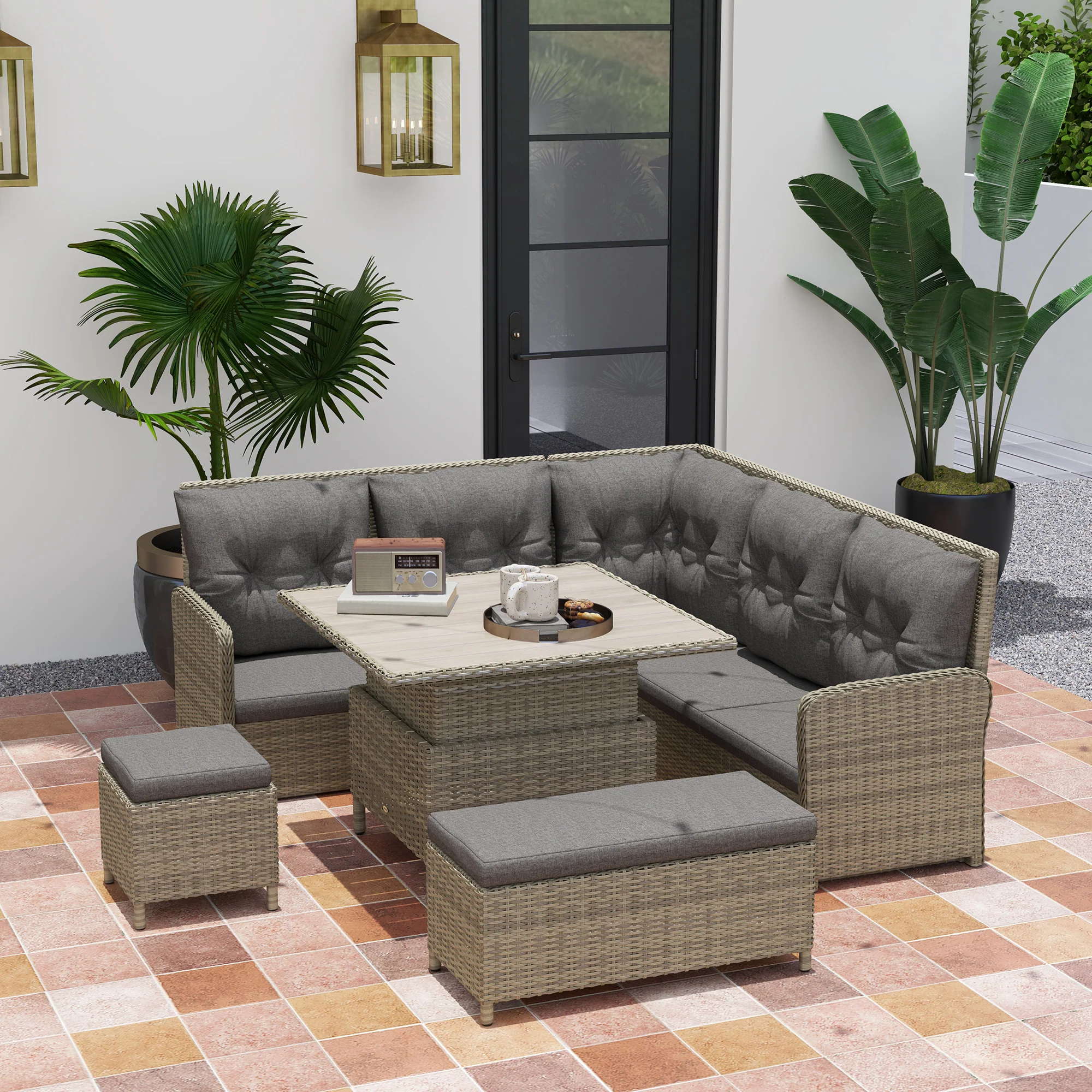 6 Pieces PE Rattan Sectional Corner Sofa w/ Padded Cushion & Liftable Coffee Table, Light Grey - Image 4