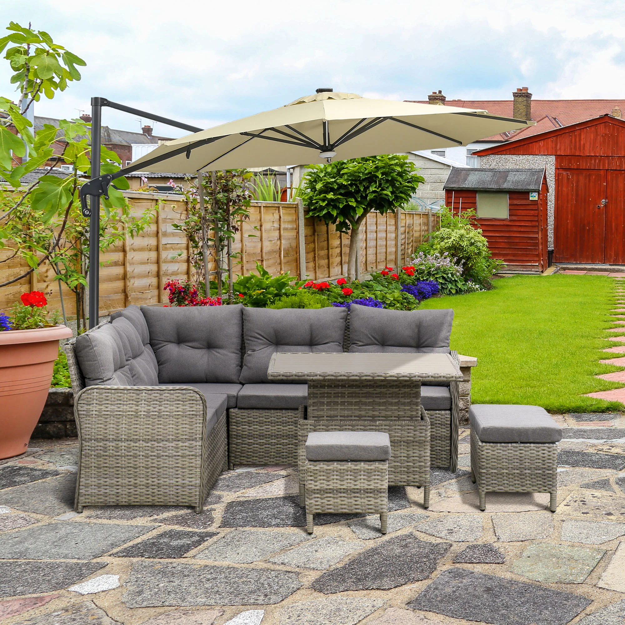 6 Pieces PE Rattan Sectional Corner Sofa w/ Padded Cushion & Liftable Coffee Table, Grey - Image 4