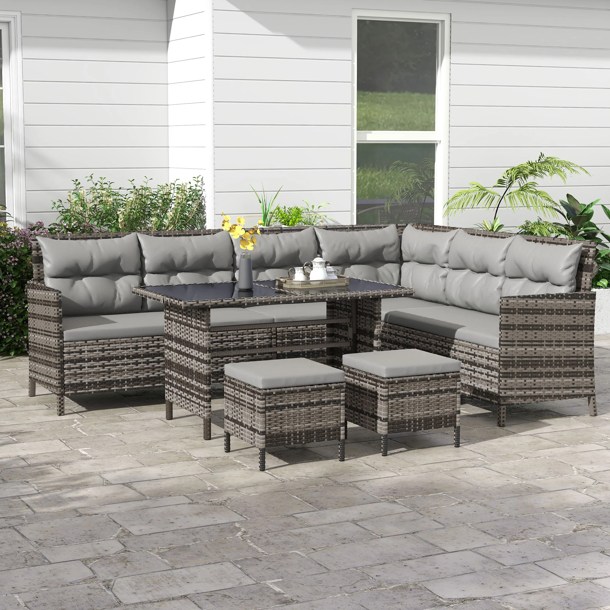 6pcs Outdoor Rattan Sofa Set, Wicker Sectional Couch Furniture Set w/ Dining Table, Grey - Image 4