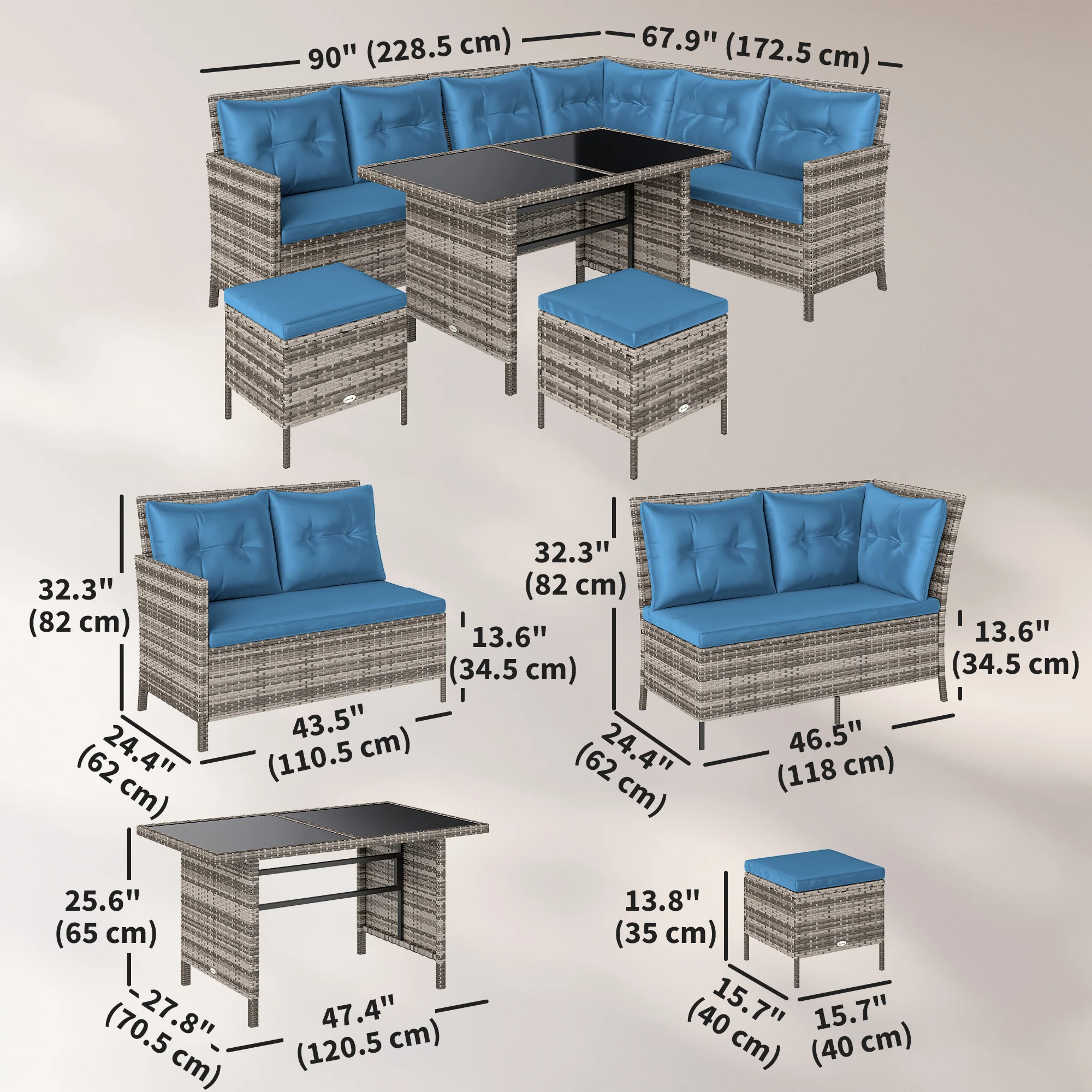 6pcs Outdoor Rattan Sofa Set, Wicker Sectional Couch Furniture Set w/ Dining Table, Blue - Image 5