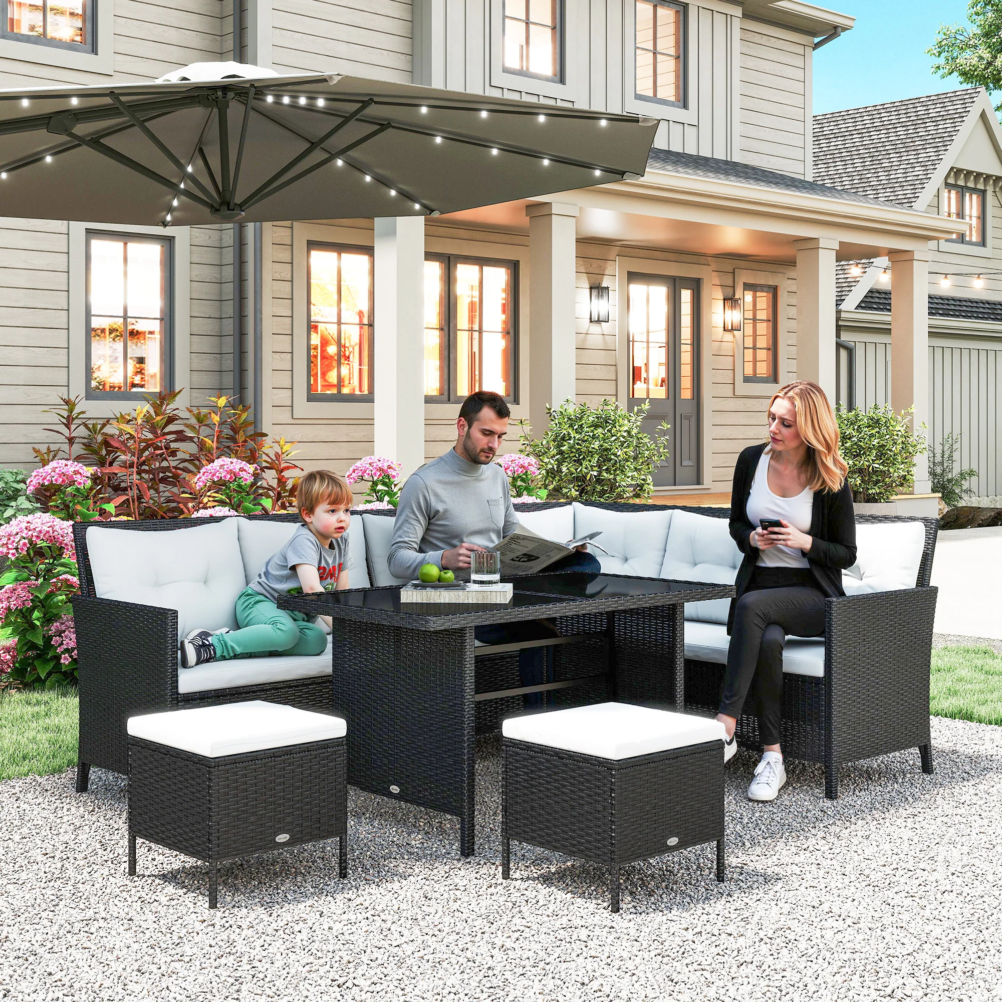 6pcs Outdoor Rattan Sofa Set, Wicker Sectional Couch Furniture Set w/ Dining Table, White - Image 3
