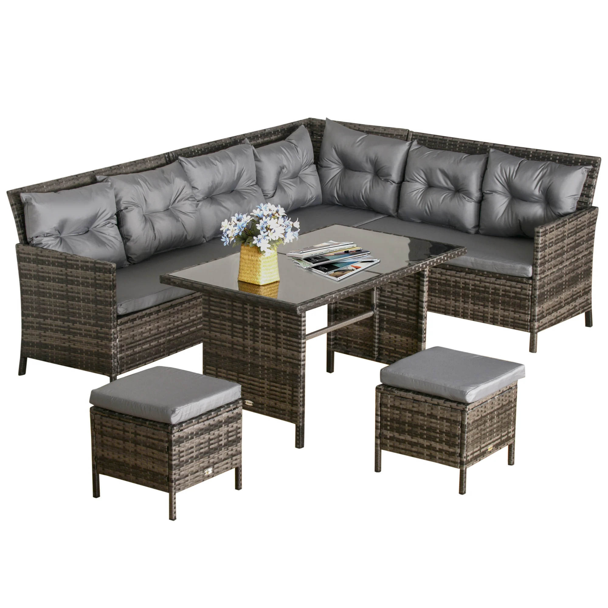 6pcs Outdoor Rattan Sofa Set, Wicker Sectional Couch Furniture Set w/ Dining Table, Dark Grey - Image 2