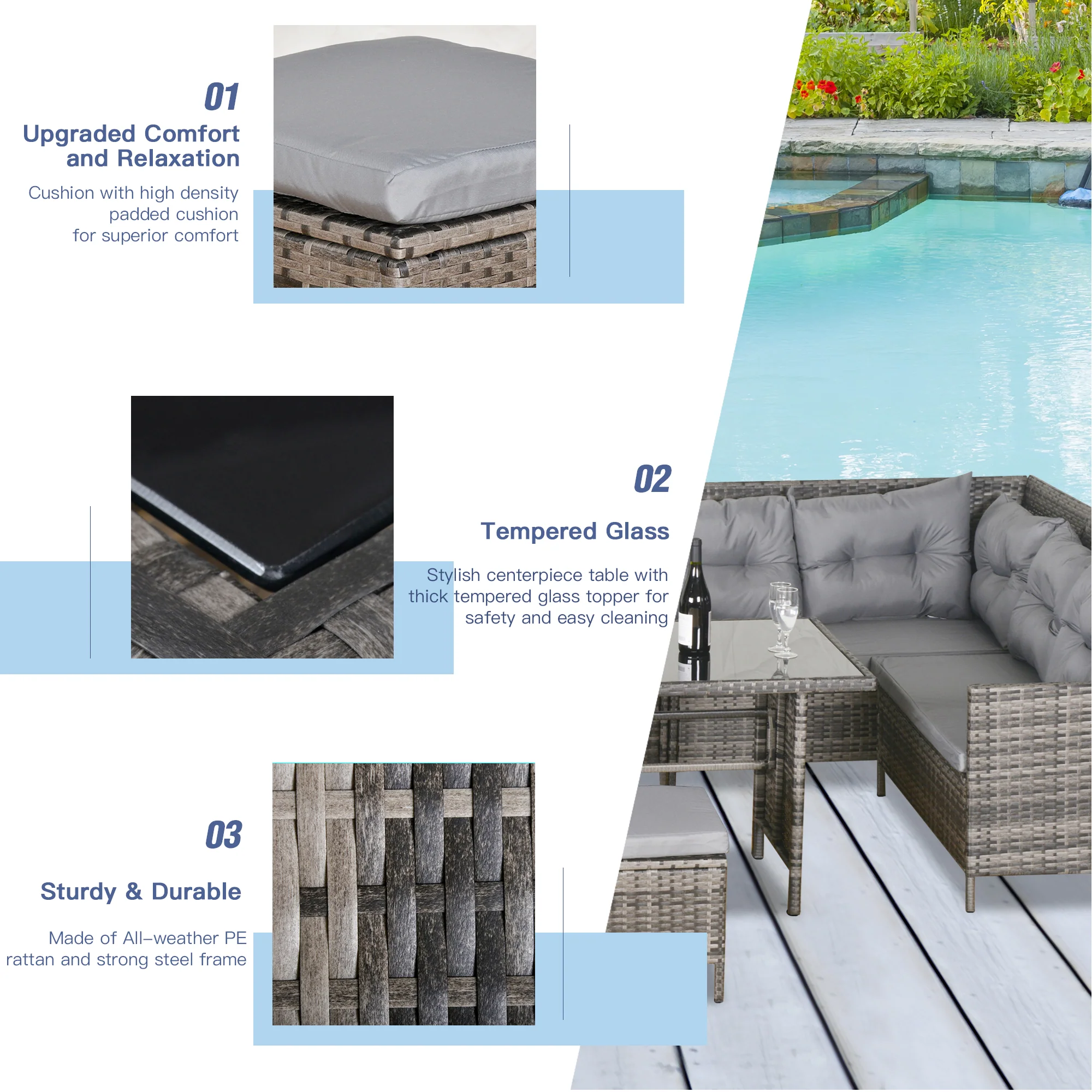 6pcs Outdoor Rattan Sofa Set, Wicker Sectional Couch Furniture Set w/ Dining Table, Dark Grey - Image 9