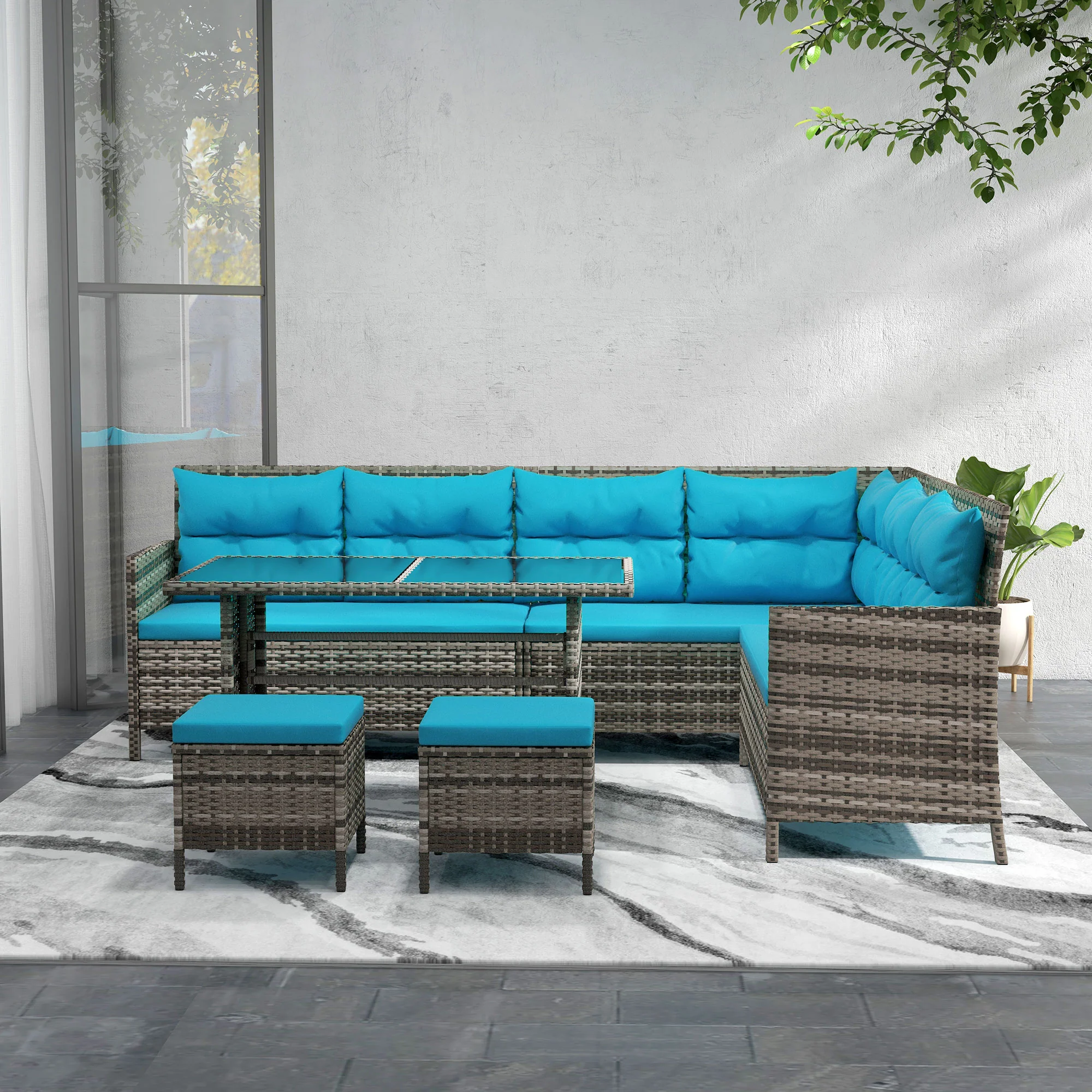 6pcs Outdoor Rattan Sofa Set, Wicker Sectional Couch Furniture Set w/ Dining Table, Sky Blue - Image 9