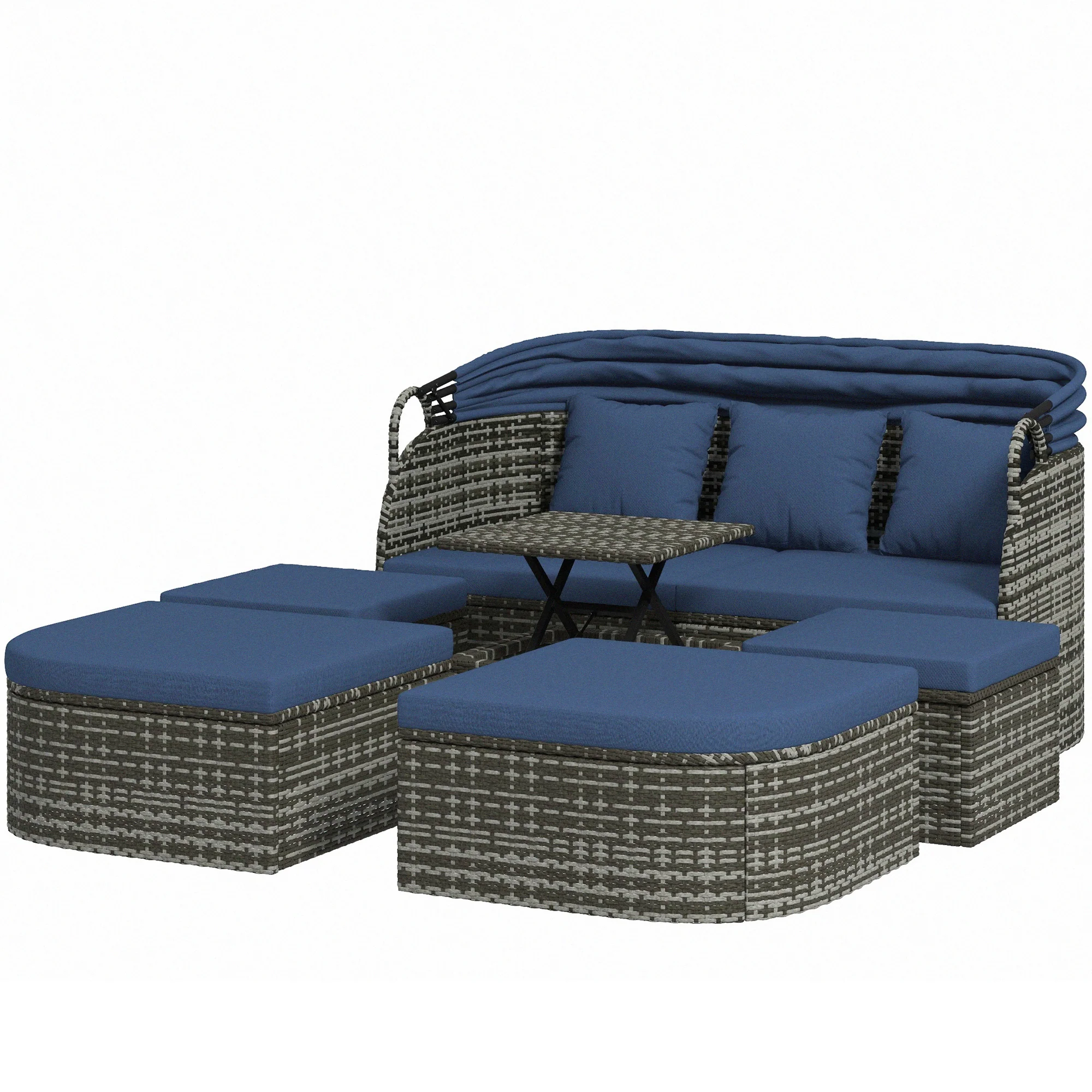 6-Piece PE Rattan Outdoor Daybed with Footstools, Canopy & Lift up Coffee Table, Navy Blue - Image 2