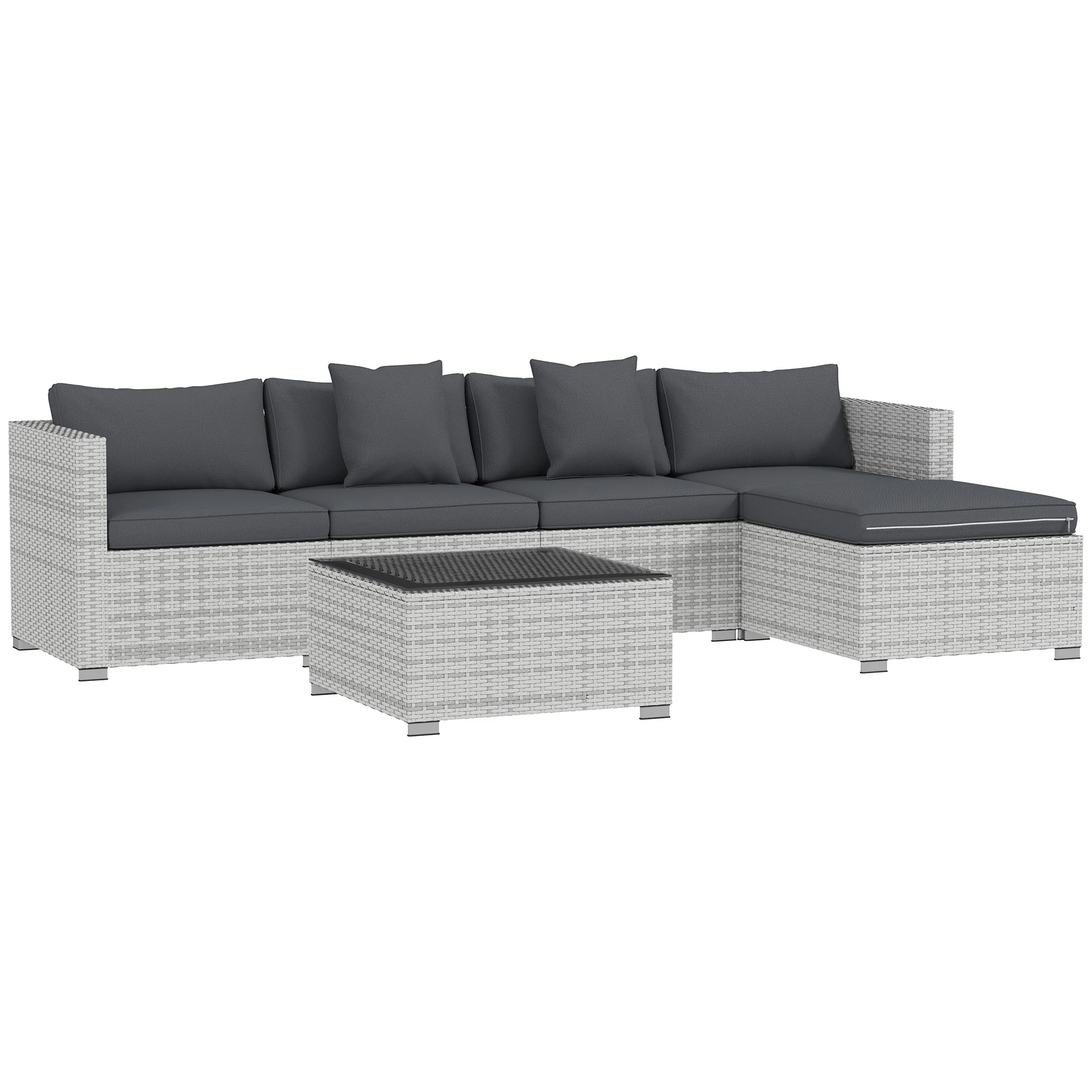 6 Pieces Wicker Conversation Corner Sofa Set with Coffee Table, Cushions & Pillows, Mixed Grey