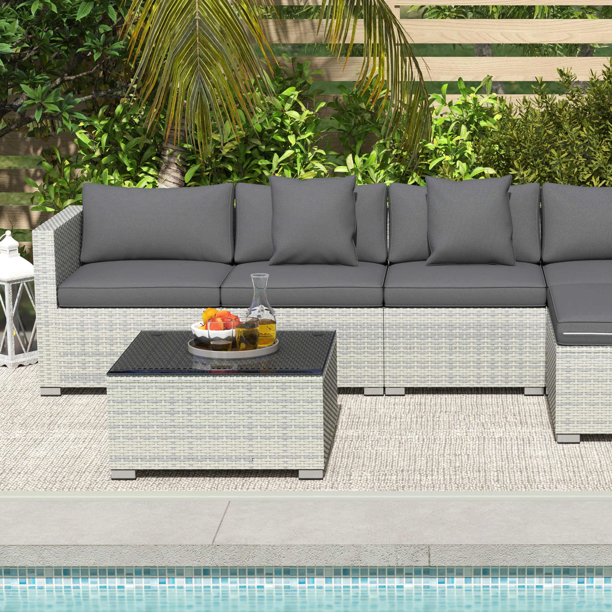 6 Pieces Wicker Conversation Corner Sofa Set with Coffee Table, Cushions & Pillows, Mixed Grey - Image 10