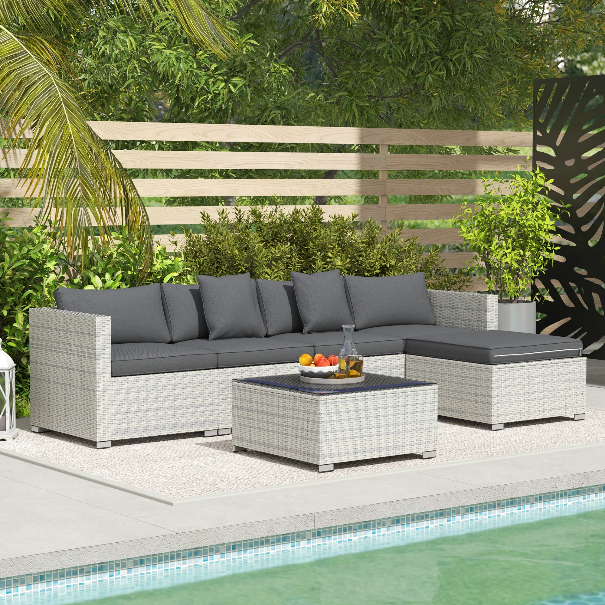 6 Pieces Wicker Conversation Corner Sofa Set with Coffee Table, Cushions & Pillows, Mixed Grey - Image 4