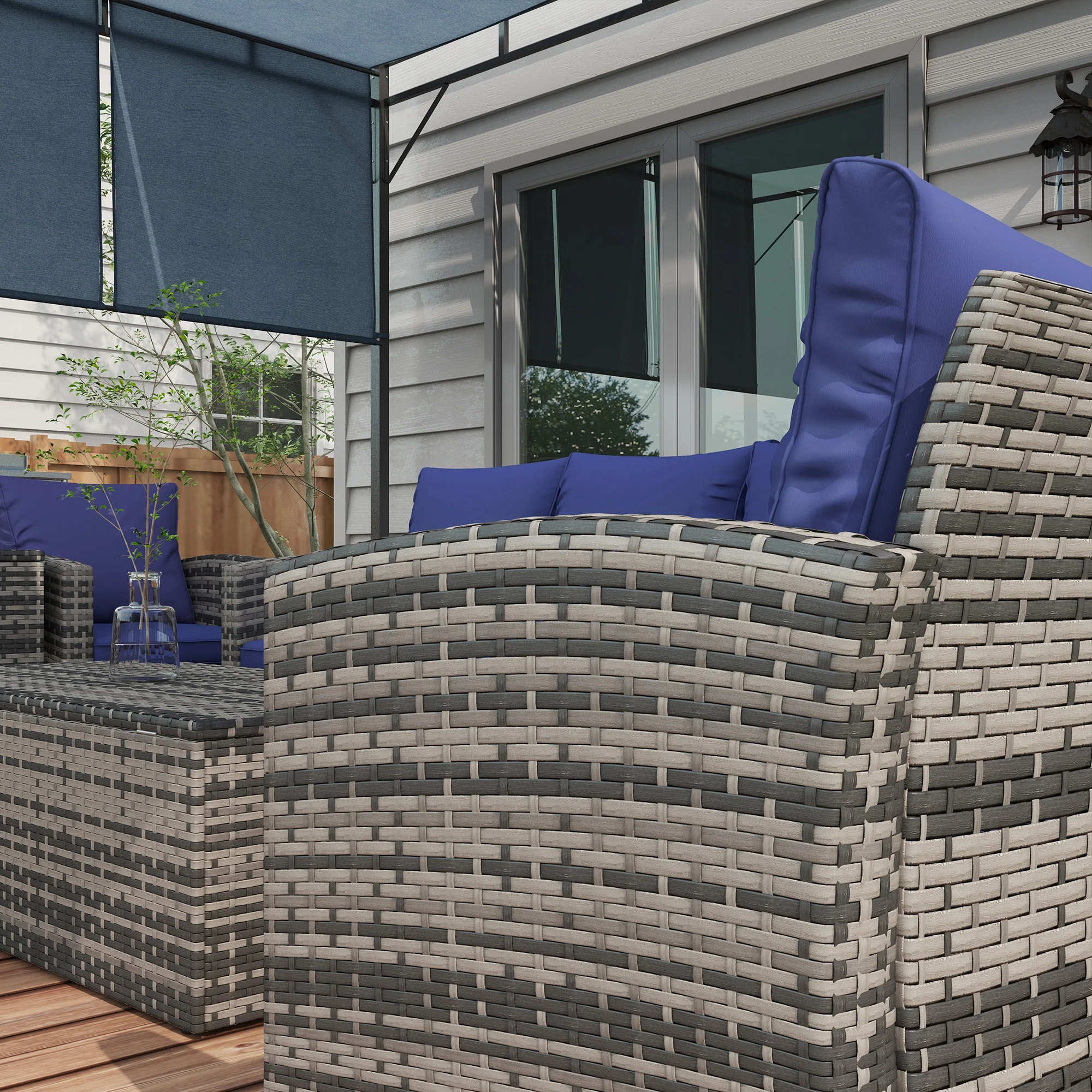 6 Pieces Rattan Sectional Garden Sofa Set with Storage Tea Table & Side Table, Navy Blue - Image 10